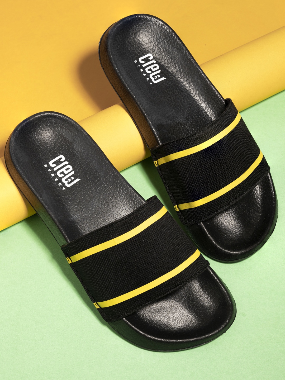 Crew STREET Men Black & Yellow Striped Sliders