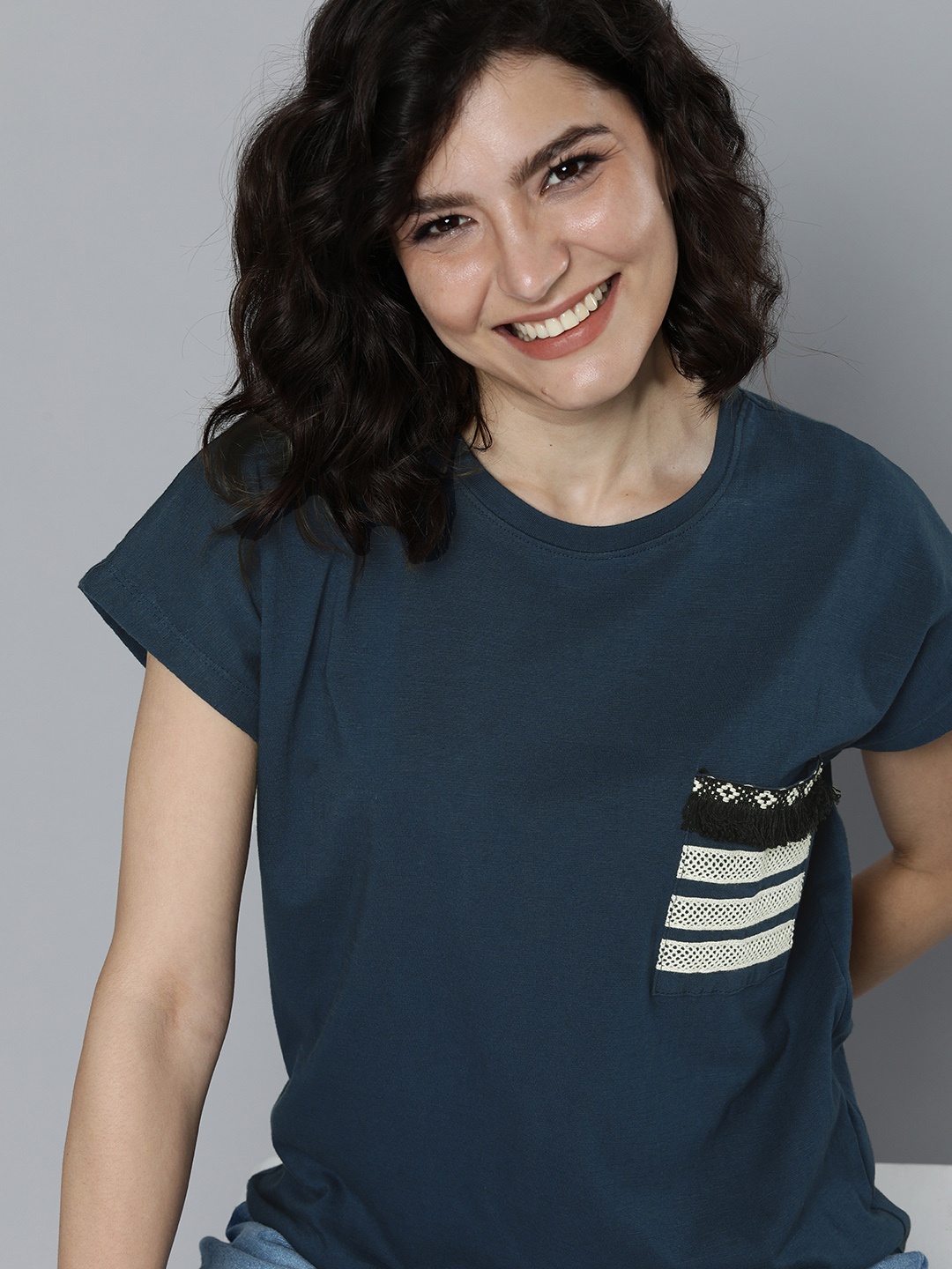 Mast & Harbour Women Navy Blue Solid Extended Sleeves Pure Cotton T-shirt With Lace Pocket
Mast & Harbour Women Navy Blue Solid Extended Sleeves Pure Cotton T-shirt With Lace Pocket