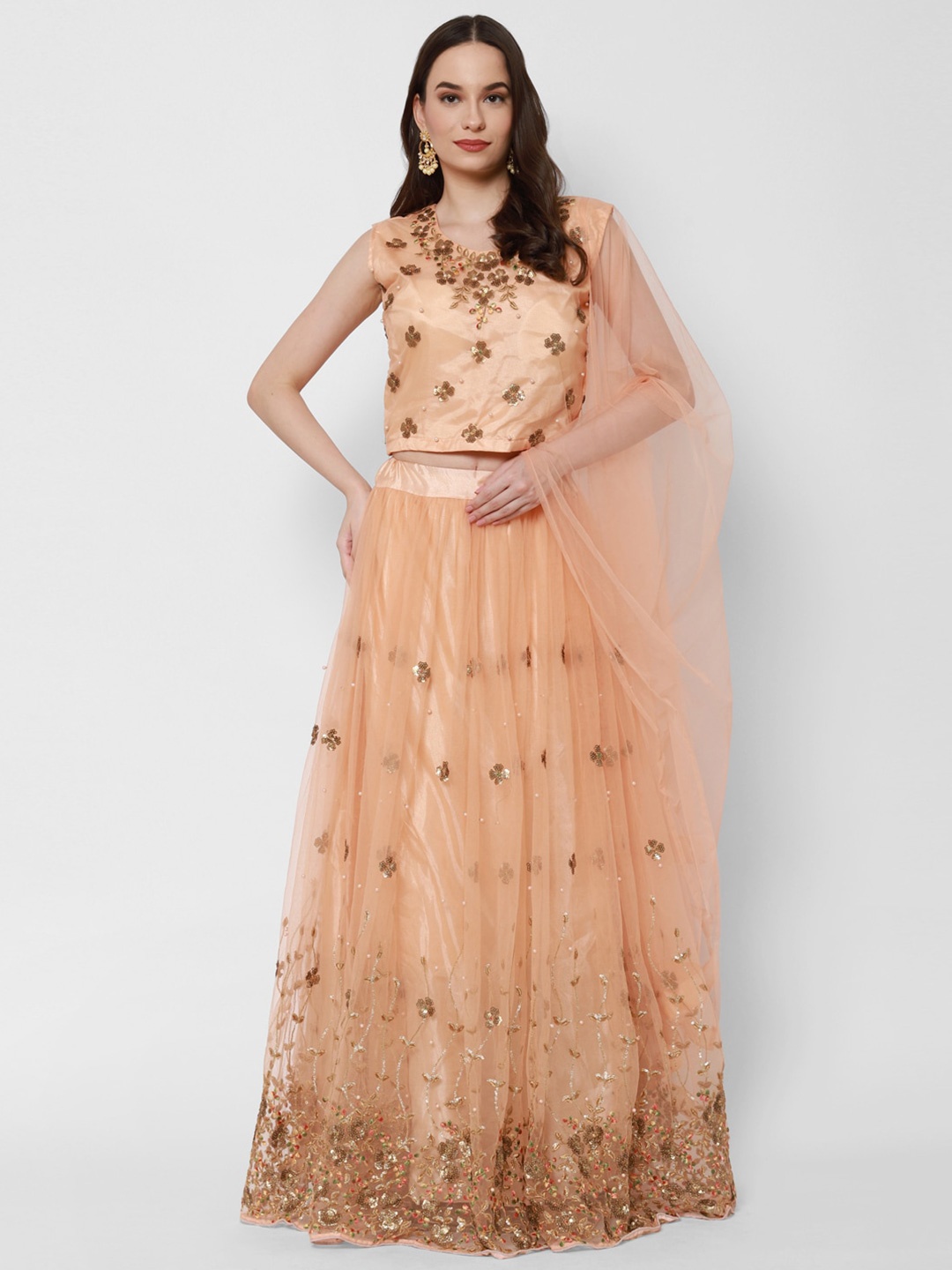 RedRound Peach-Coloured & Brown Embellished Sequinned Semi-Stitched Lehenga & Unstitched Blouse With Dupatta
RedRound Peach-Coloured & Brown Embellished Sequinned Semi-Stitched Lehenga & Unstitched Blouse With Dupatta