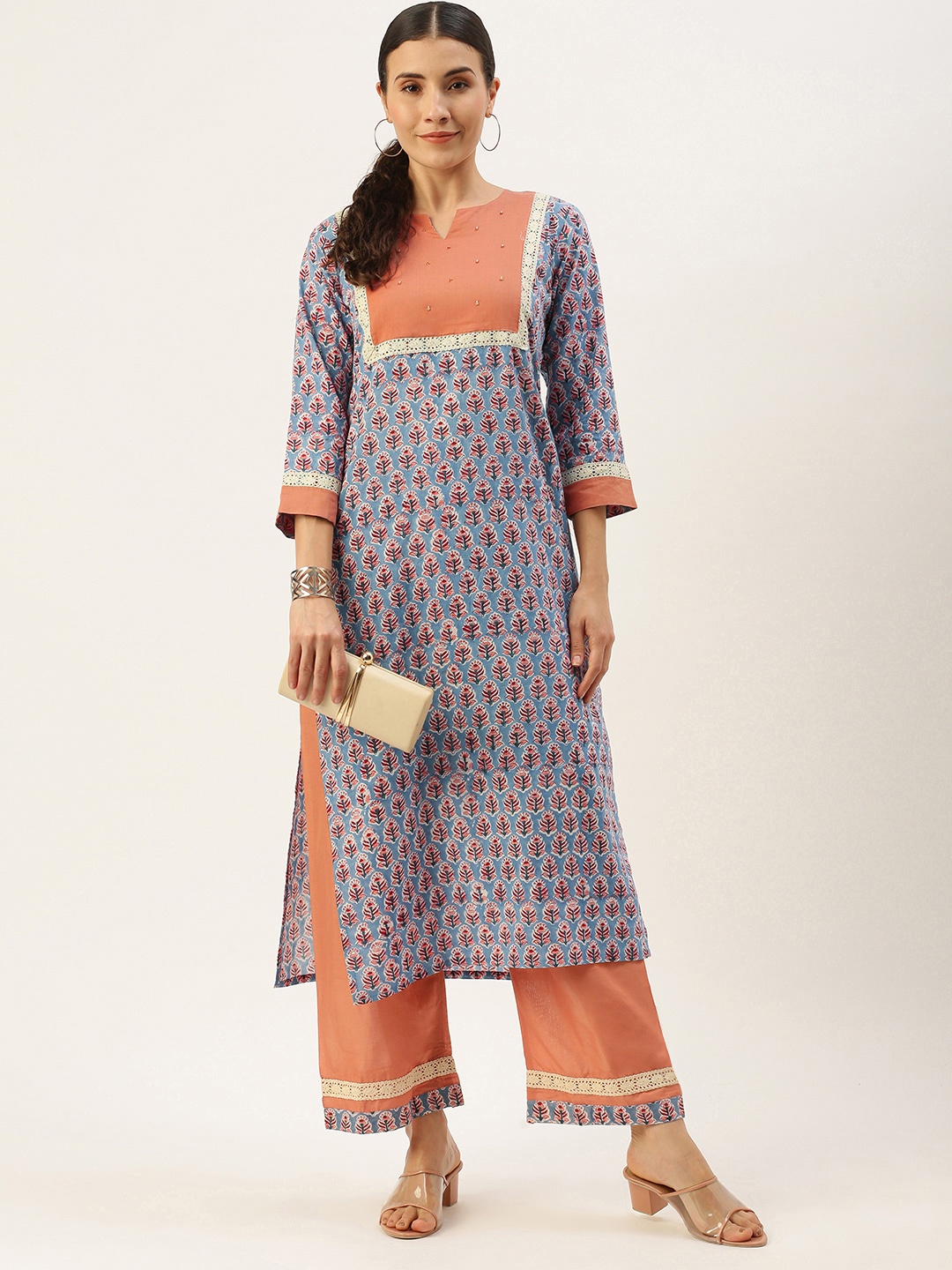 Saanjh Women Blue Ethnic Motifs Printed Regular Beads and Stones Pure Cotton Kurta with Palazzos
Saanjh Women Blue Ethnic Motifs Printed Regular Beads and Stones Pure Cotton Kurta with Palazzos