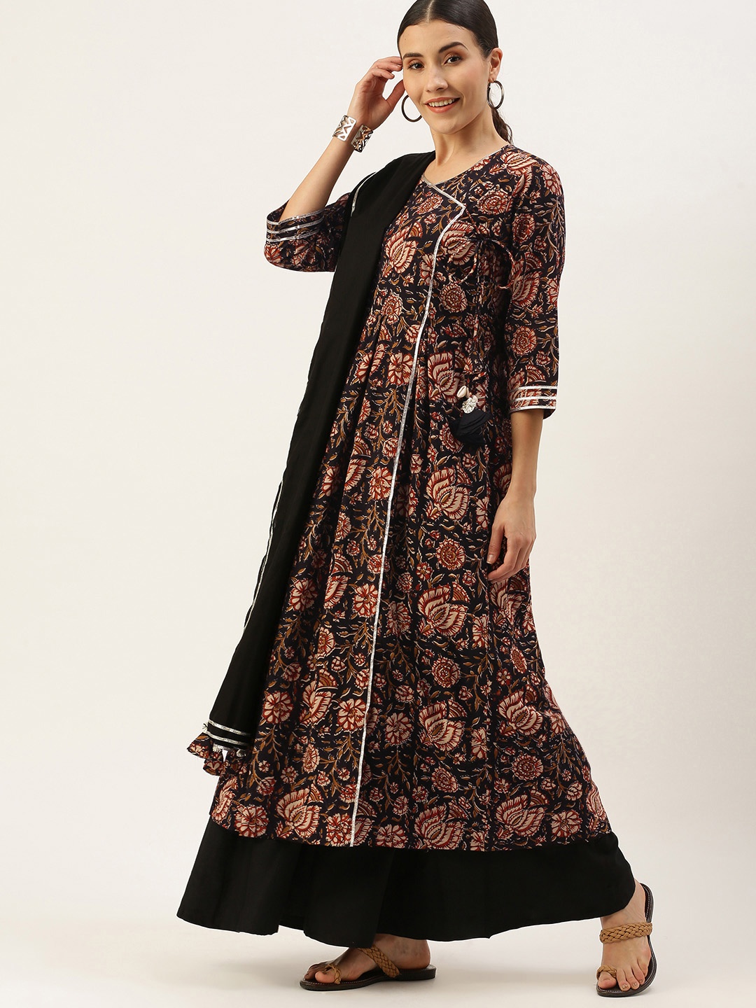 Saanjh Women Black Floral Printed Regular Pure Cotton Kurta with Palazzos & With Dupatta