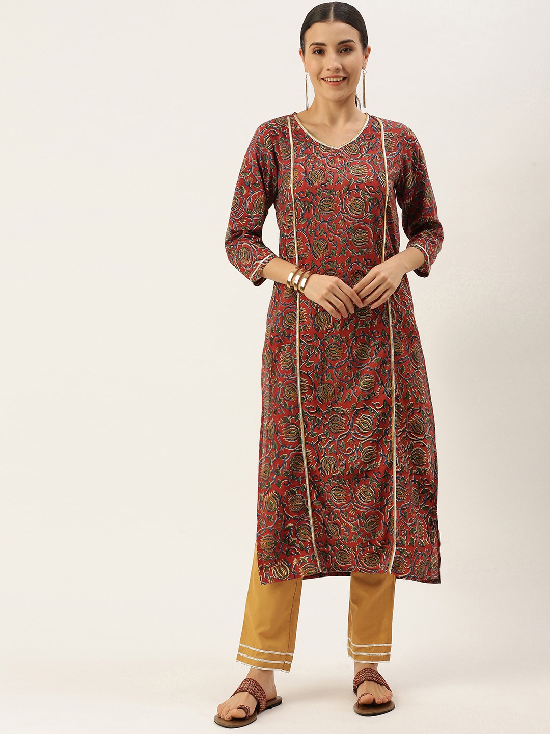 Saanjh Women Red Floral Printed Regular Pure Cotton Kurta with Palazzos