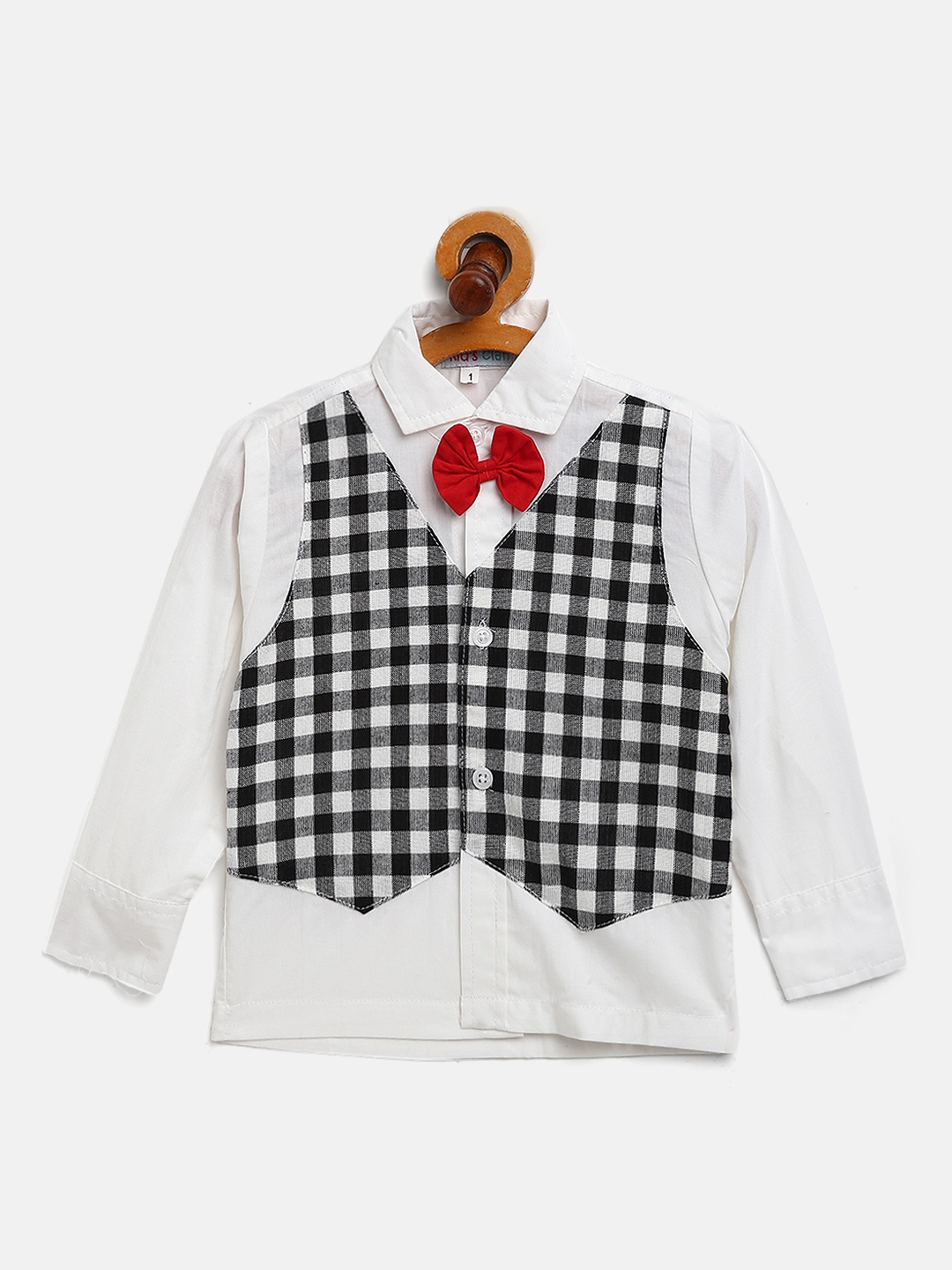 Kids Clan Boys White Cotton Solid Party Shirt with Attached Checked Waistcoat & Bow Tie
Kids Clan Boys White Cotton Solid Party Shirt with Attached Checked Waistcoat & Bow Tie