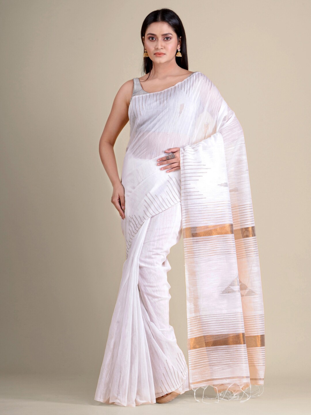 Mitera White & Gold-Toned Woven Design Zari Handloom Saree