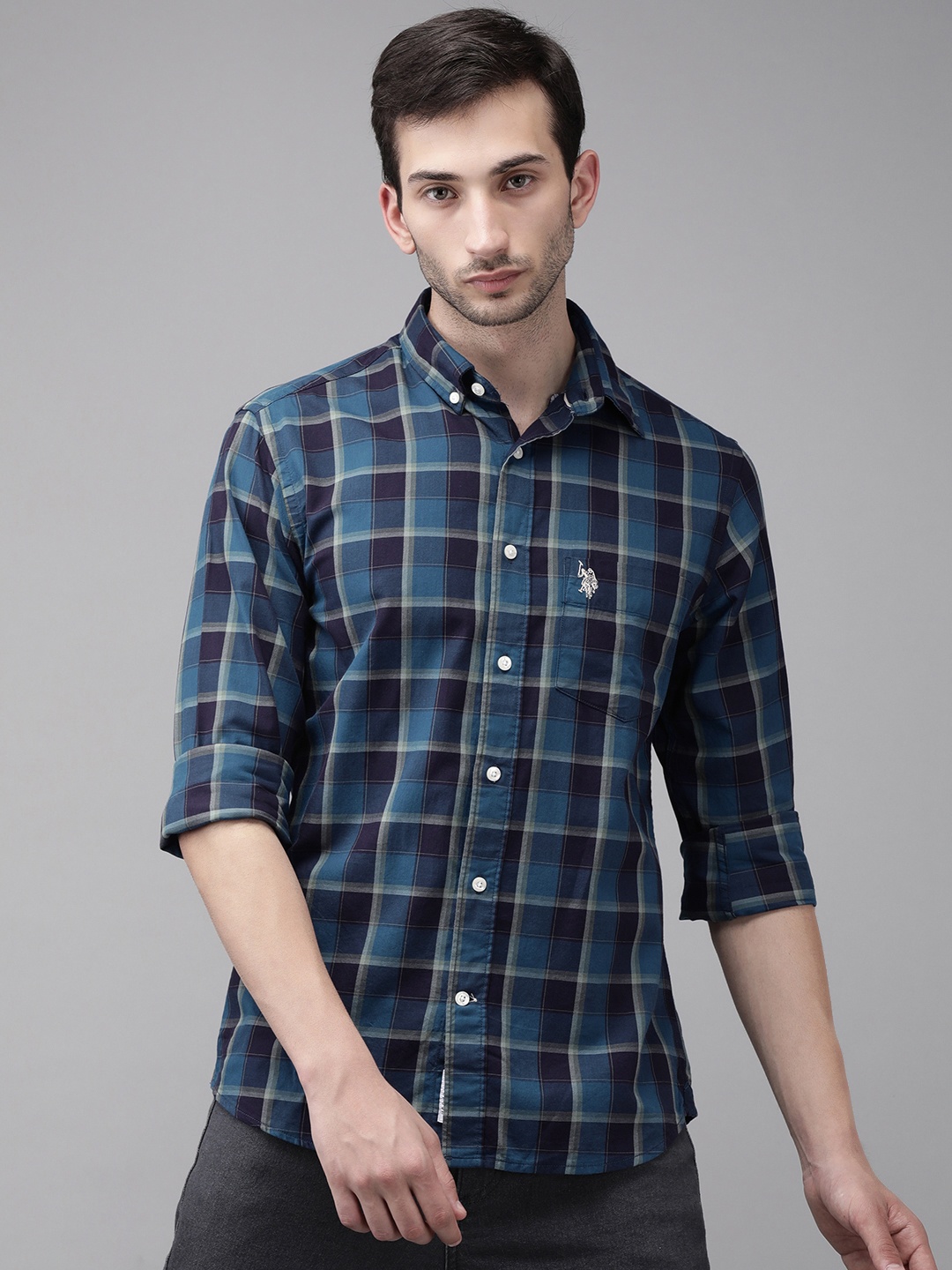 U S Polo Assn Men Teal Blue & Grey Tailored Fit Opaque Checked Pure Cotton Casual Shirt
U S Polo Assn Men Teal Blue & Grey Tailored Fit Opaque Checked Pure Cotton Casual Shirt