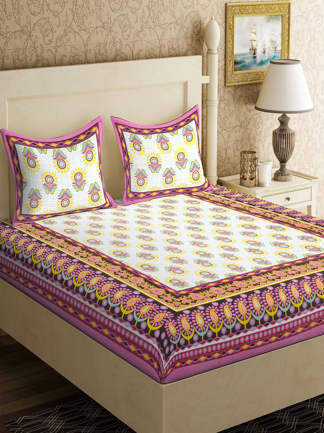 Varde White & Fuchsia Pink Floral 104 TC Pure Cotton Queen Bedsheet With 2 Pillow Covers
Varde White & Fuchsia Pink Floral 104 TC Pure Cotton Queen Bedsheet With 2 Pillow Covers