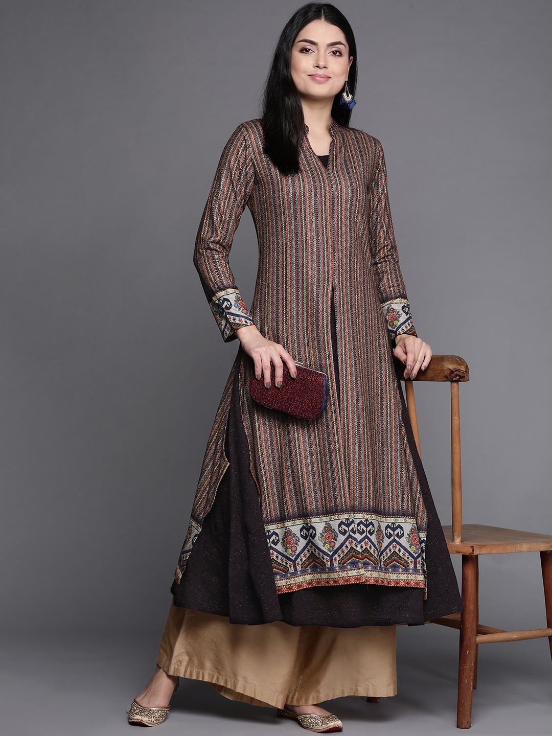 Biba Women Orange & Green Striped Layered A-Line Winter Kurta