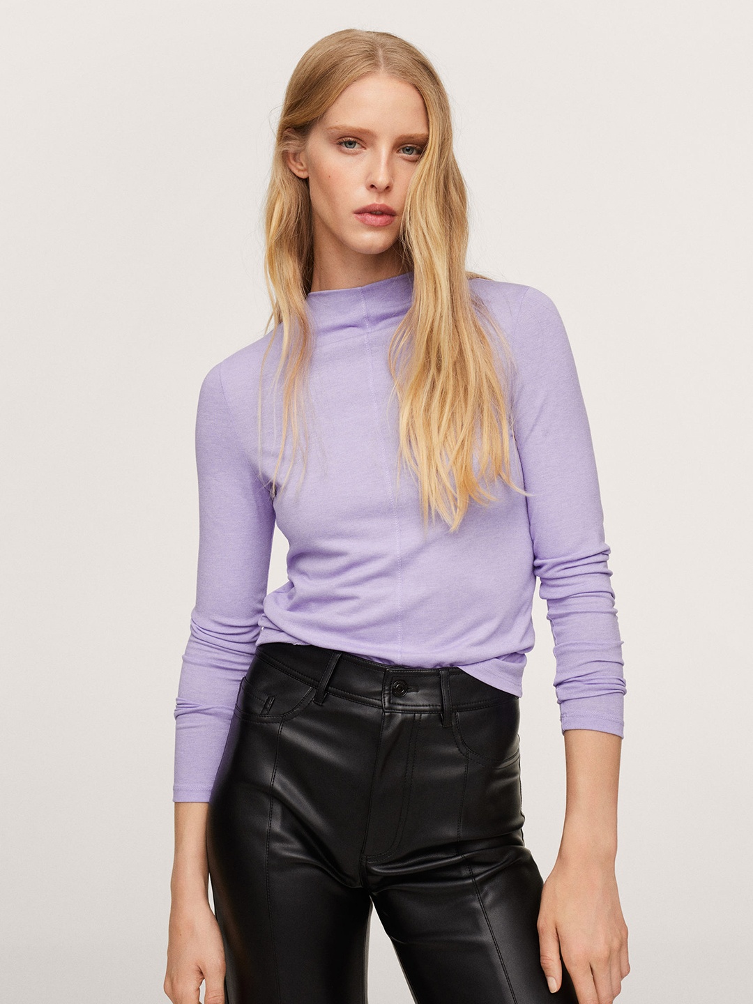 MANGO Women Lavender Solid High Neck T-shirt