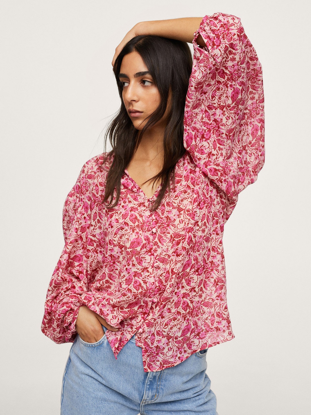 MANGO Pink & White Floral Regular Top