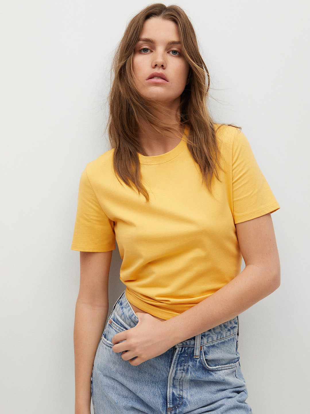 MANGO Women Yellow Solid Cotton T-shirt 
MANGO Women Yellow Solid Cotton T-shirt