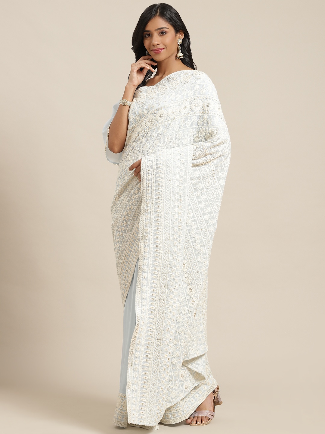 Libas Light Blue & White Floral Pure Georgette Saree
