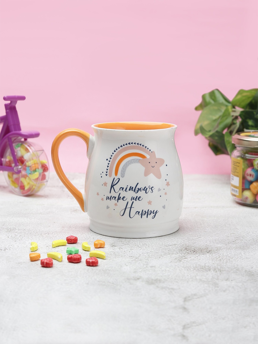 JCPL White & Orange Printed Ceramic Glossy Mug