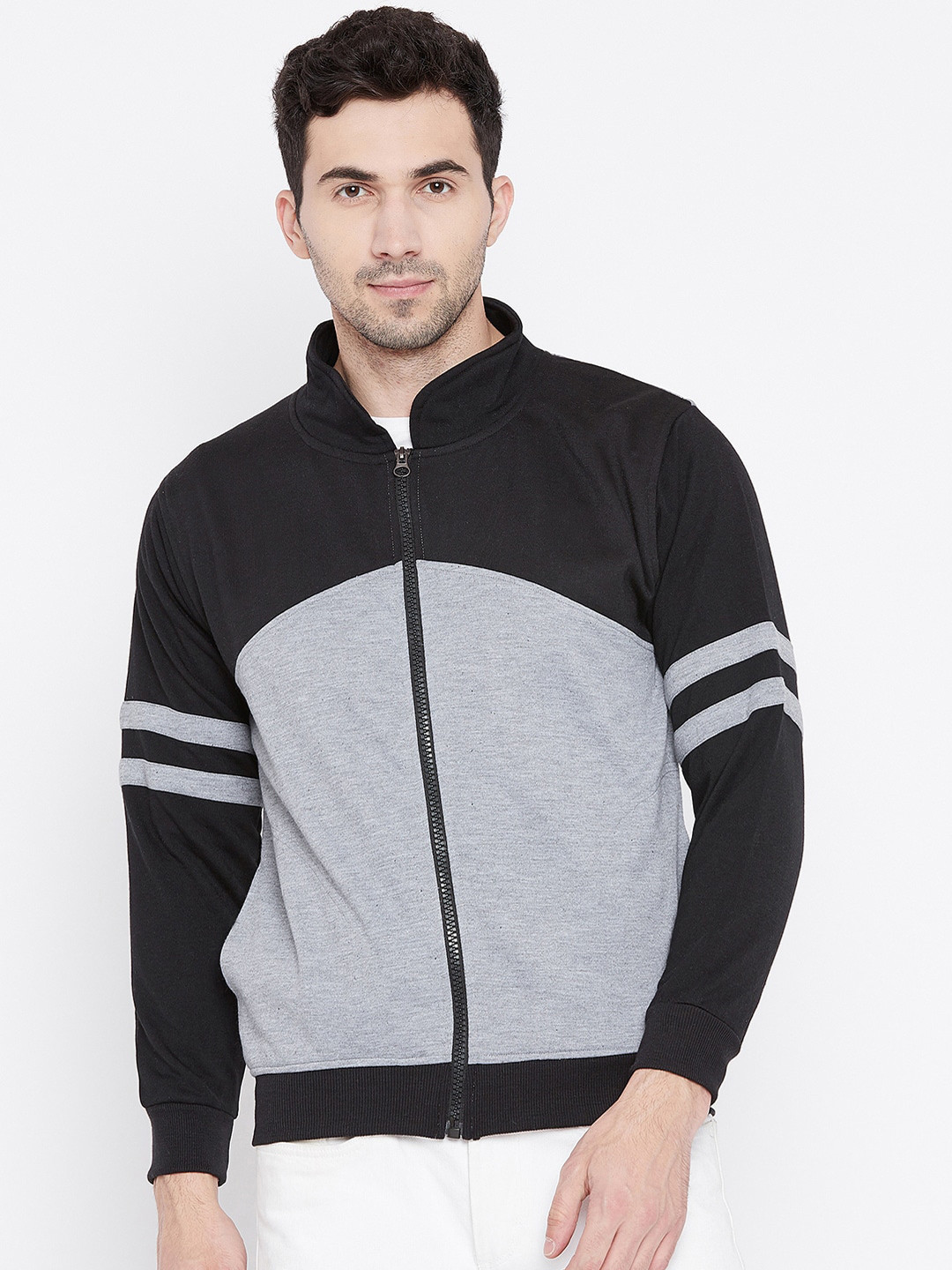 VIMAL JONNEY Men Grey & Black Colourblocked Sweatshirt
VIMAL JONNEY Men Grey & Black Colourblocked Sweatshirt