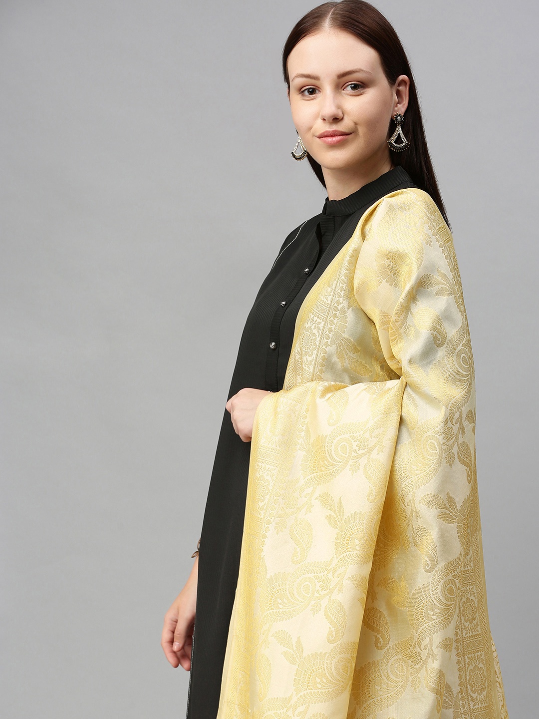 swatika Cream-Coloured Ethnic Motifs Woven Design Banarasi Handloom Dupatta with Zari
