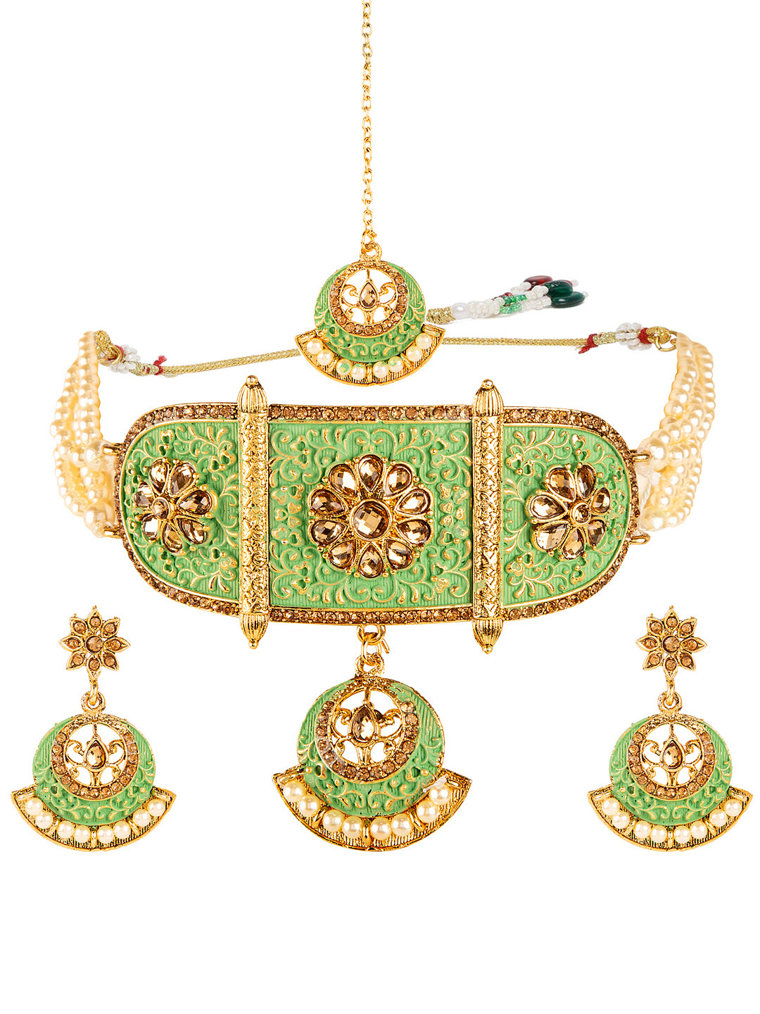 ANIKAS CREATION Green & Gold Toned Alloy Gold Plated Enamelled Choker Set With Maangtika
ANIKAS CREATION Green & Gold Toned Alloy Gold Plated Enamelled Choker Set With Maangtika