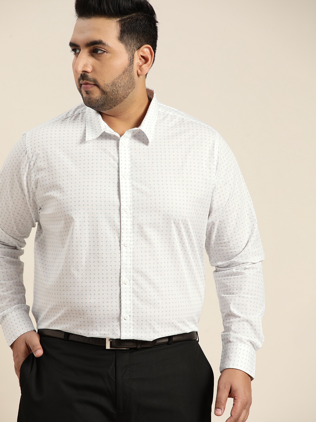 Sztori Men Plus Size White Opaque Printed Formal Shirt