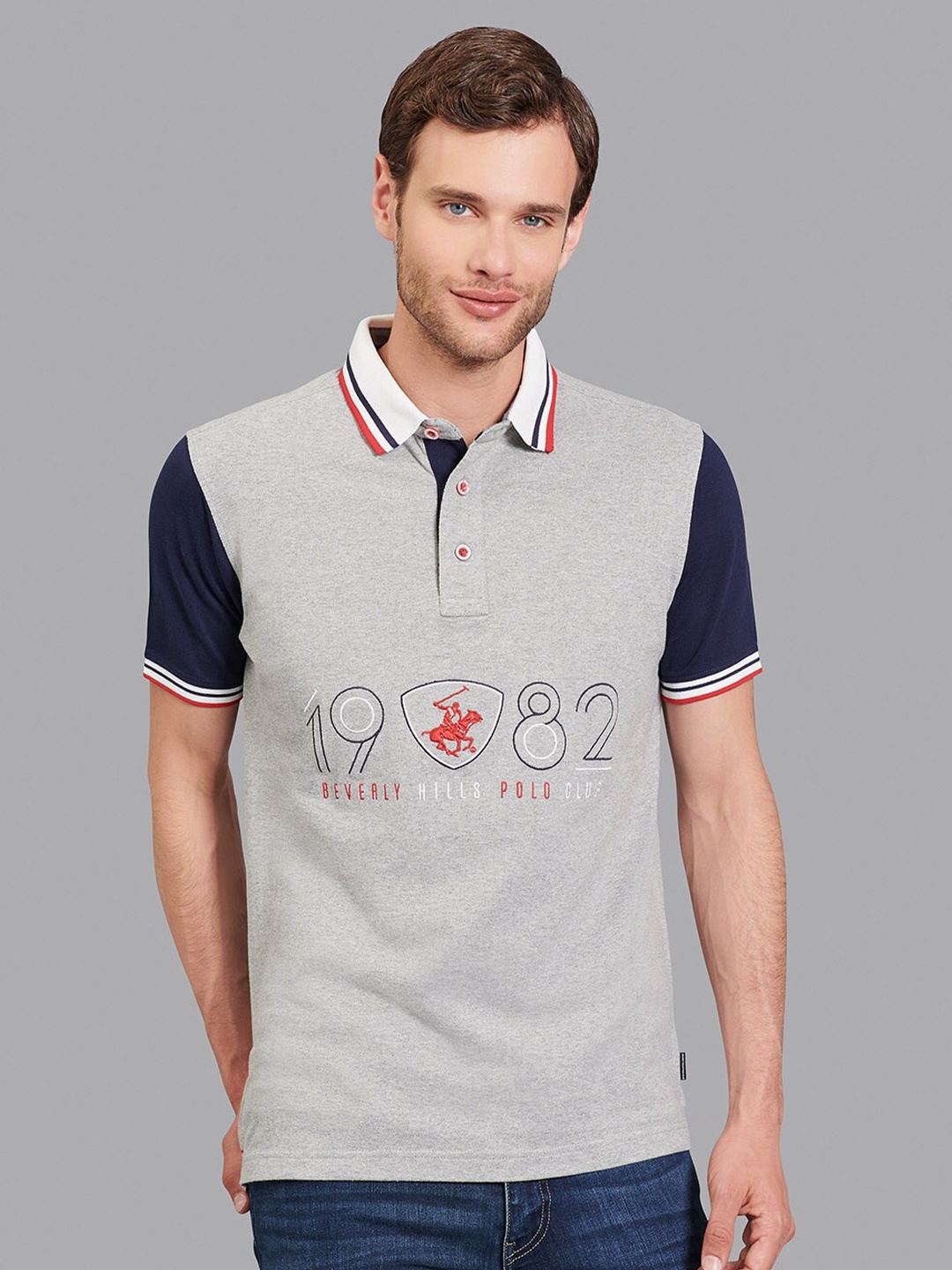 Beverly Hills Polo Club Men Grey & Black Typography Colourblocked Polo Collar T-shirt
Beverly Hills Polo Club Men Grey & Black Typography Colourblocked Polo Collar T-shirt