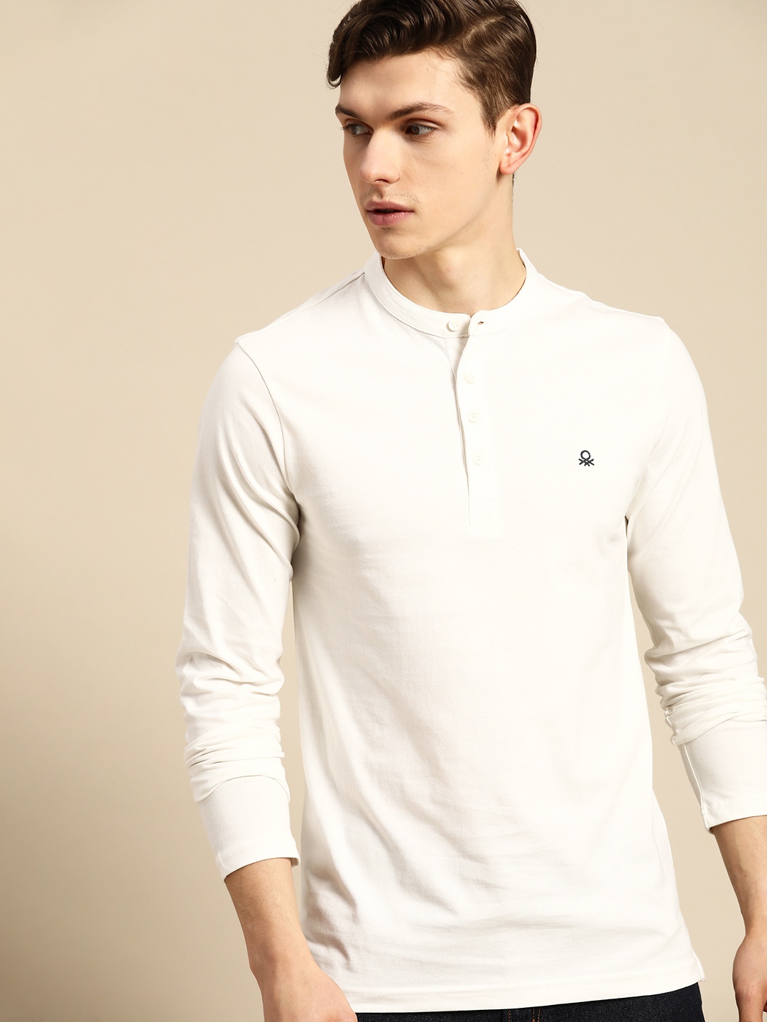 United Colors of Benetton Men White Mandarin Collar Pure Cotton T-shirt