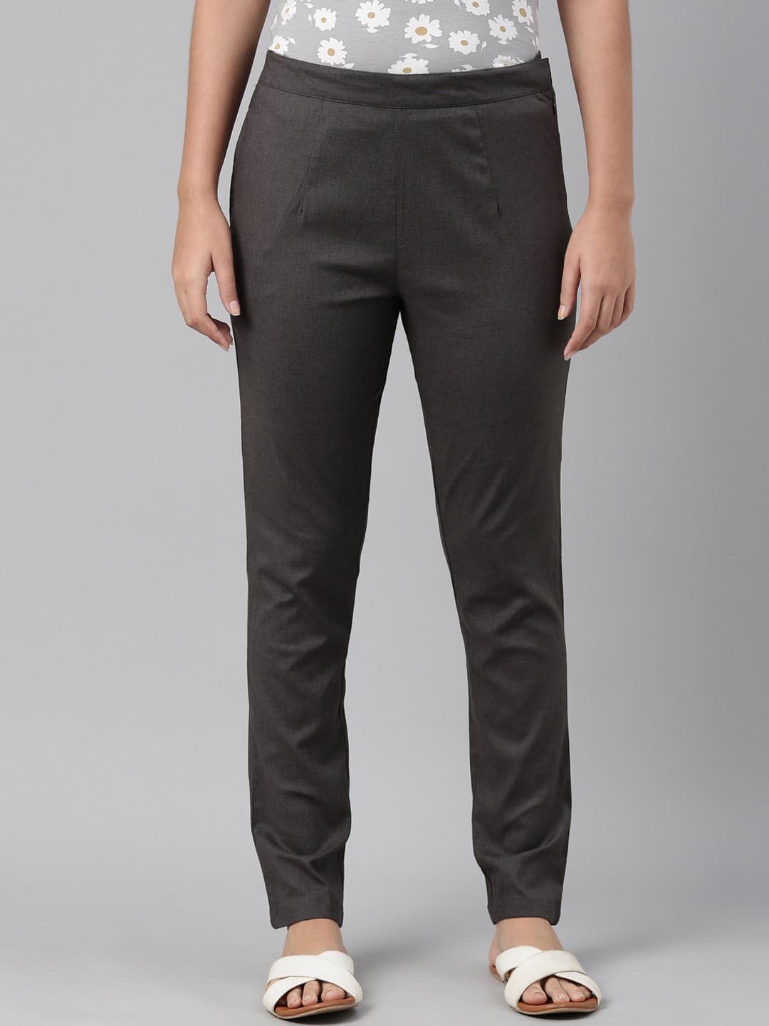 Go Colors Women Grey Linen Cigerette Trousers