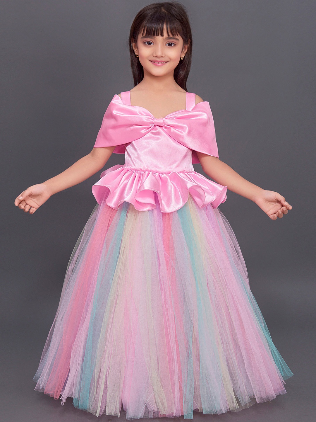 Pink Chick Pink & Green Satin Gathered Maxi Dress