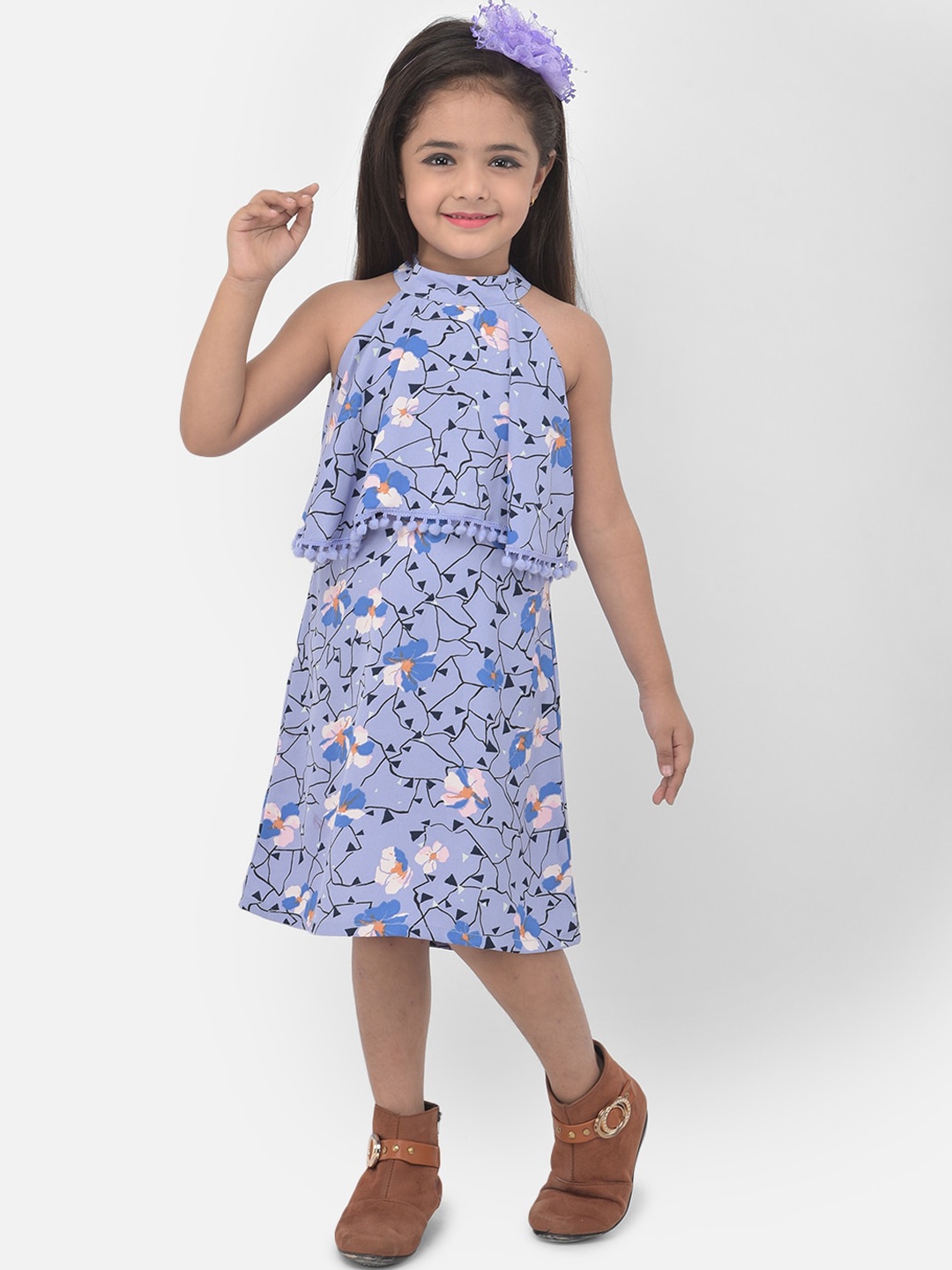 Eavan Lavender & Black Floral Halter Neck Layered Georgette A-Line Dress