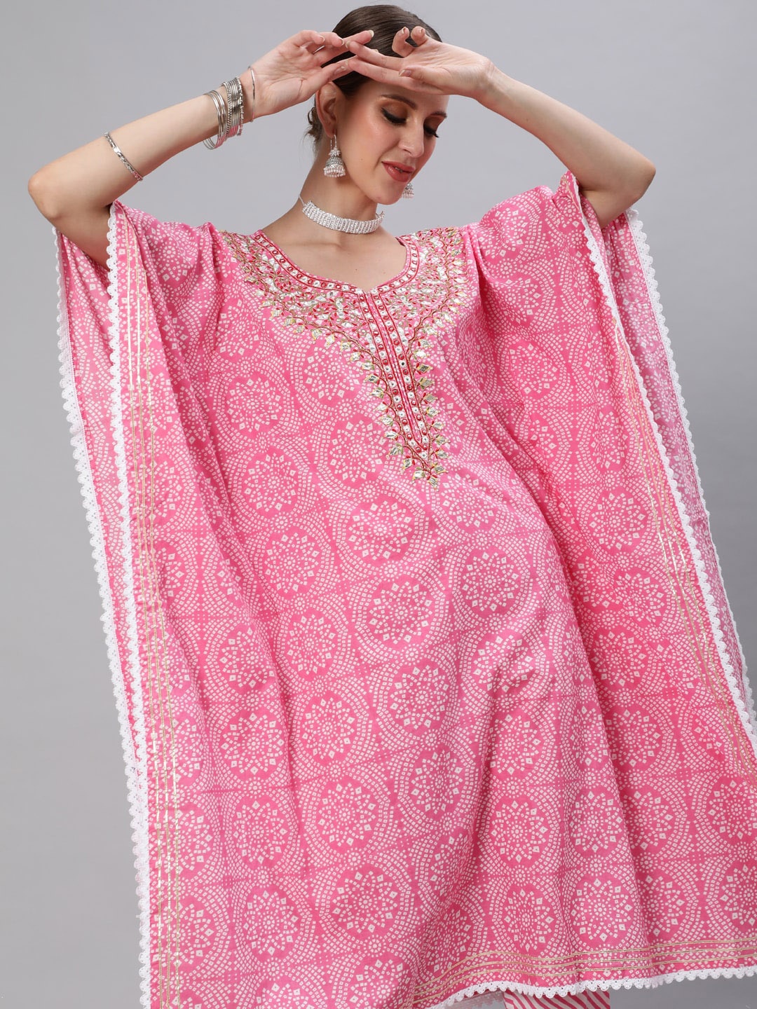 Ishin Women Pink & White Bandhani Thread Work Pure Cotton Kaftan Kurta with Trousers
Ishin Women Pink & White Bandhani Thread Work Pure Cotton Kaftan Kurta with Trousers