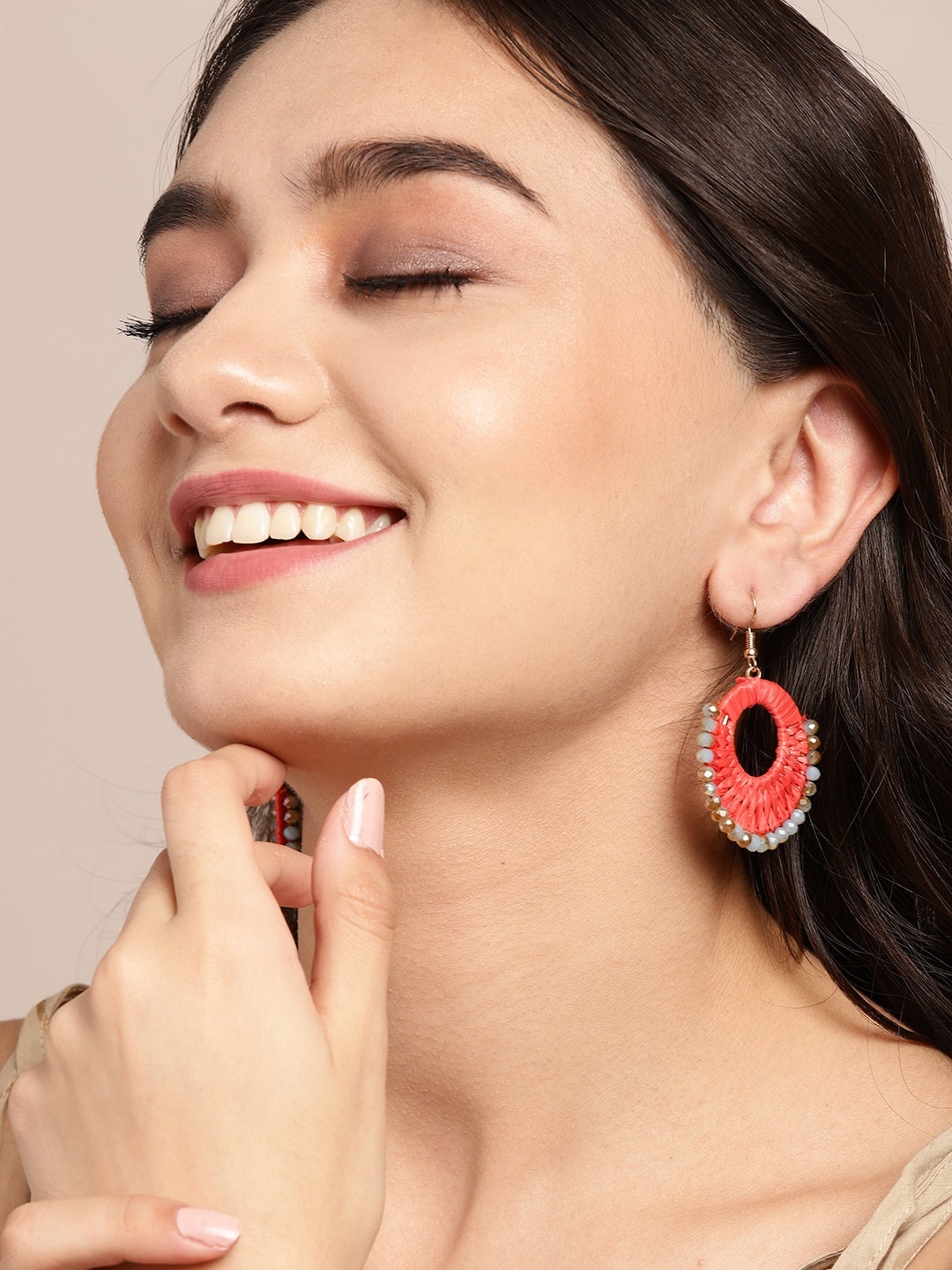Sangria Coral Pink & Grey Beaded Circular Drop Earrings