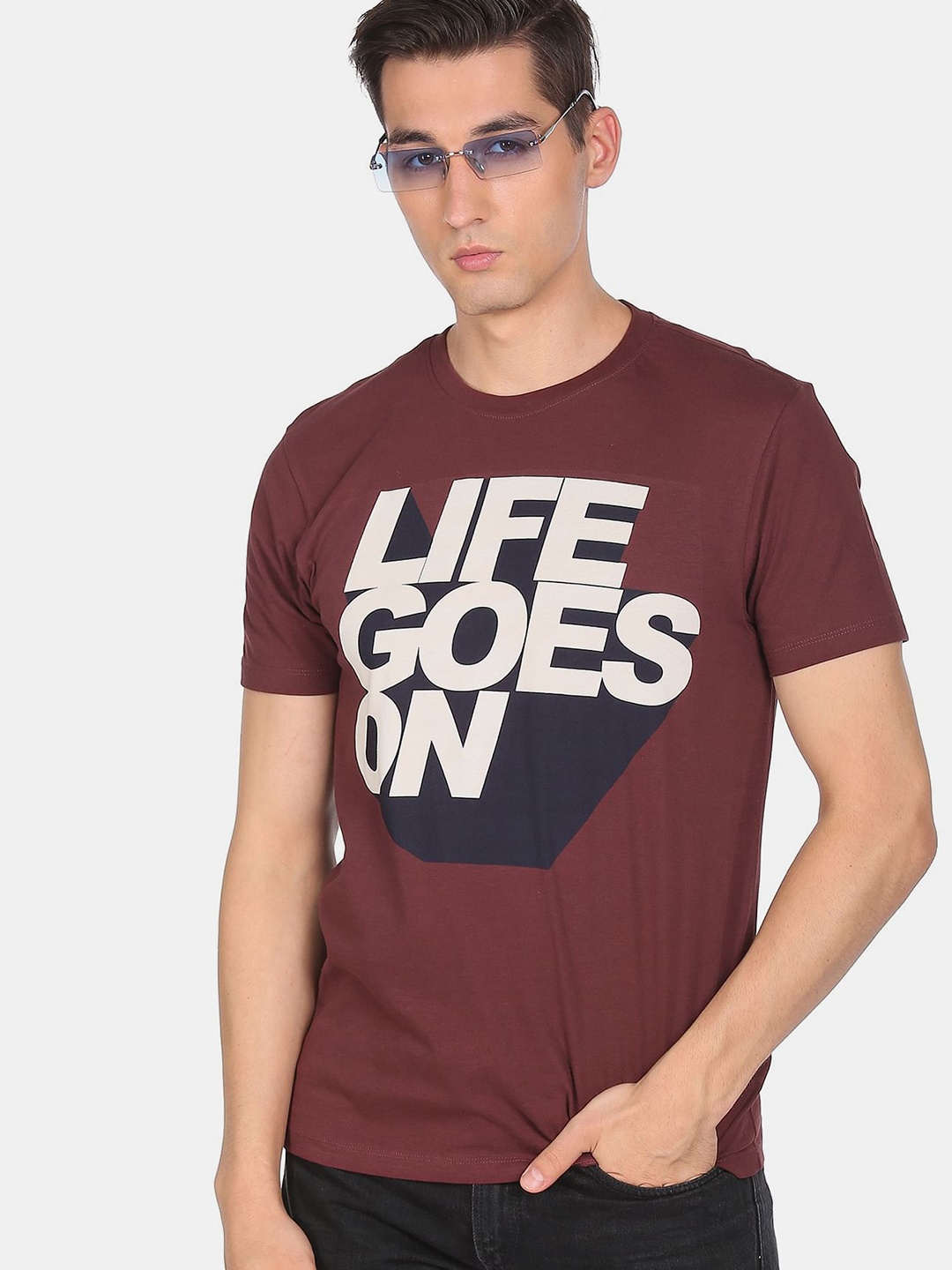 Flying Machine Men Maroon & White Typography Printed Cotton T-shirt