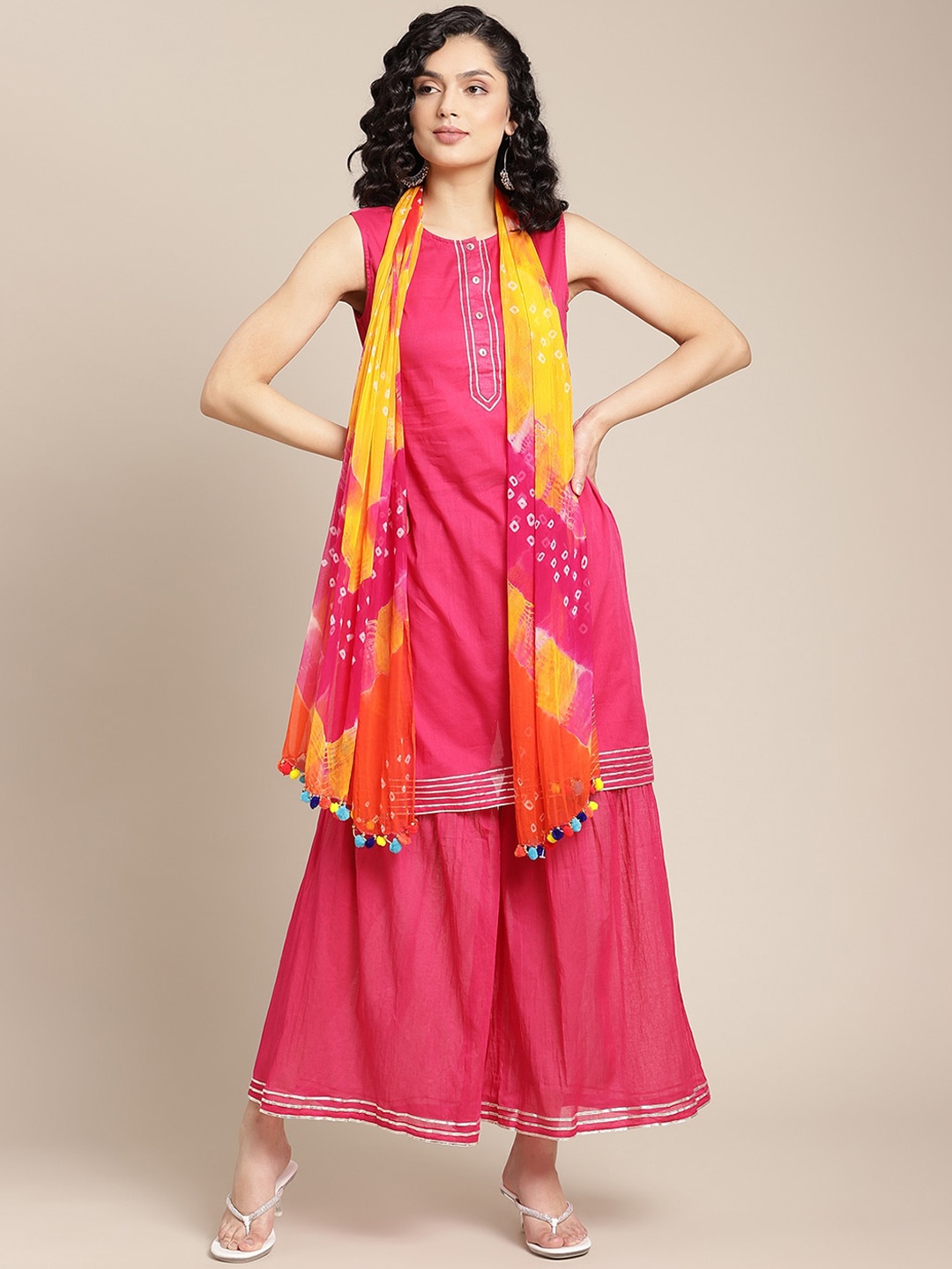 Varanga Women Pink Embroidered Regular Pure Cotton Kurti with Sharara & With Dupatta
Varanga Women Pink Embroidered Regular Pure Cotton Kurti with Sharara & With Dupatta