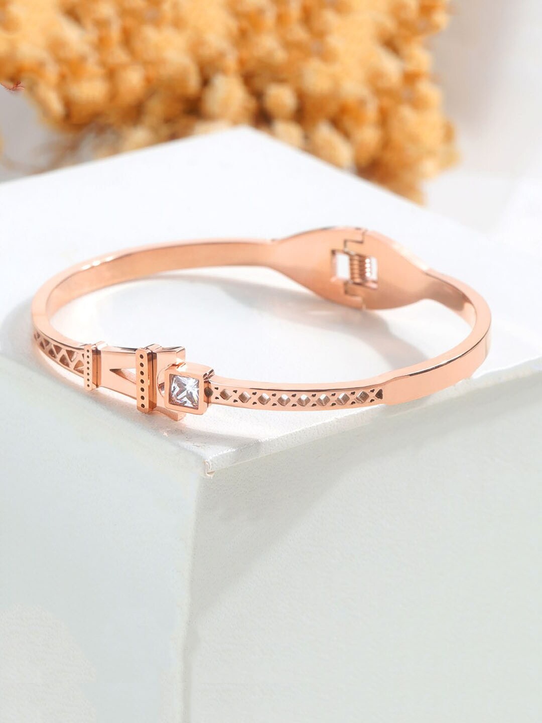 Yellow Chimes Women Rose Gold & White Crystals Rose Gold-Plated Bangle-Style Bracelet
Yellow Chimes Women Rose Gold & White Crystals Rose Gold-Plated Bangle-Style Bracelet