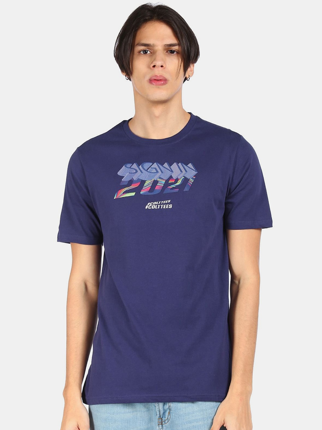 Colt Men Blue & Navy Blue Printed Cotton T-shirt