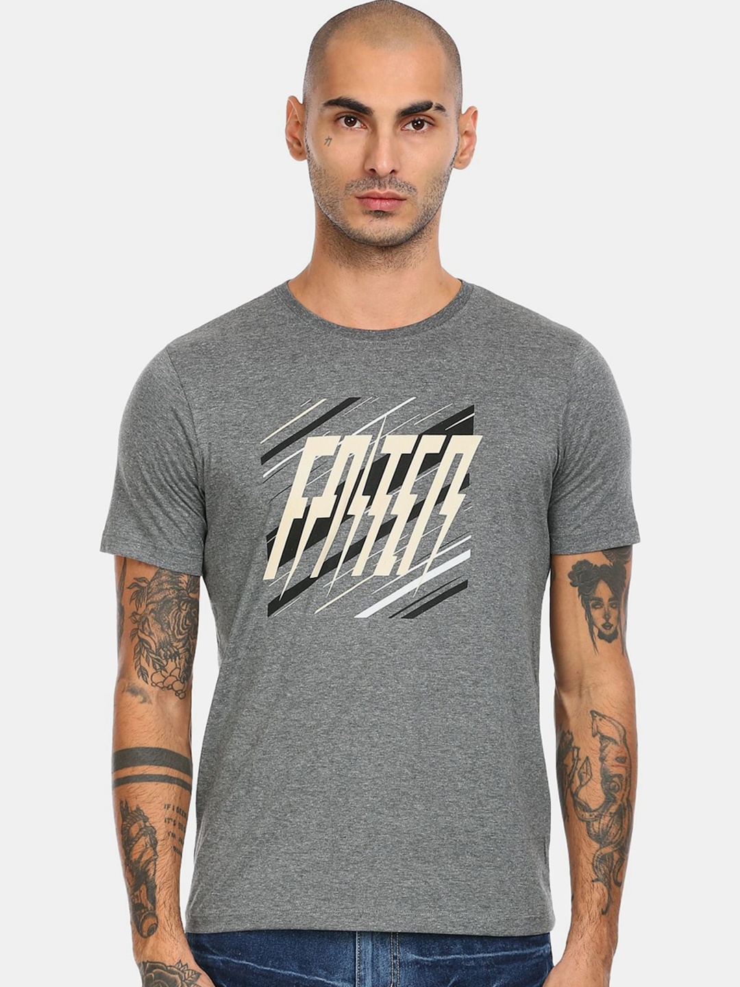 Colt Men Grey & White Printed Cotton T-shirt