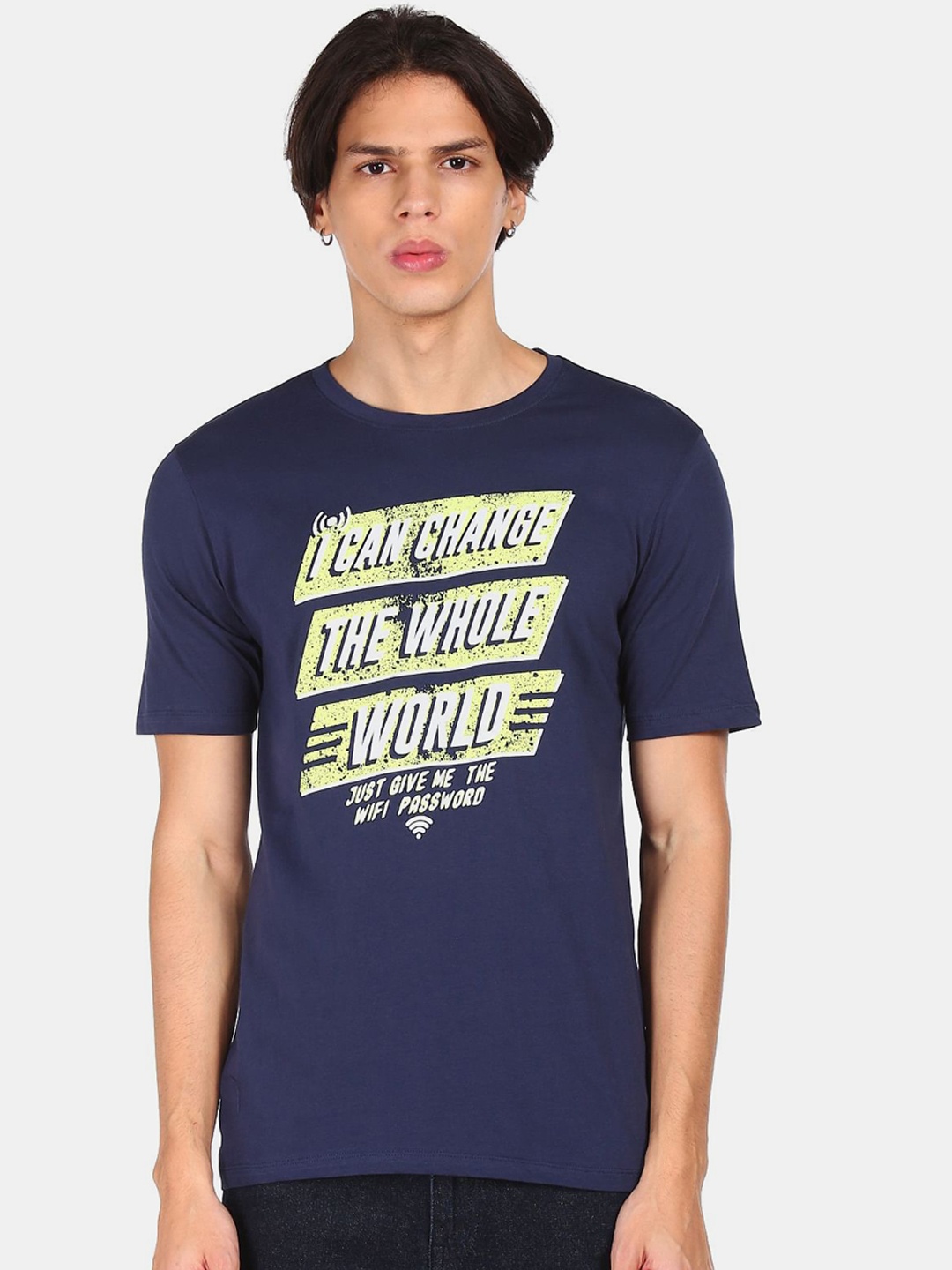 Colt Men Navy Blue & Yellow Printed Cotton T-shirt