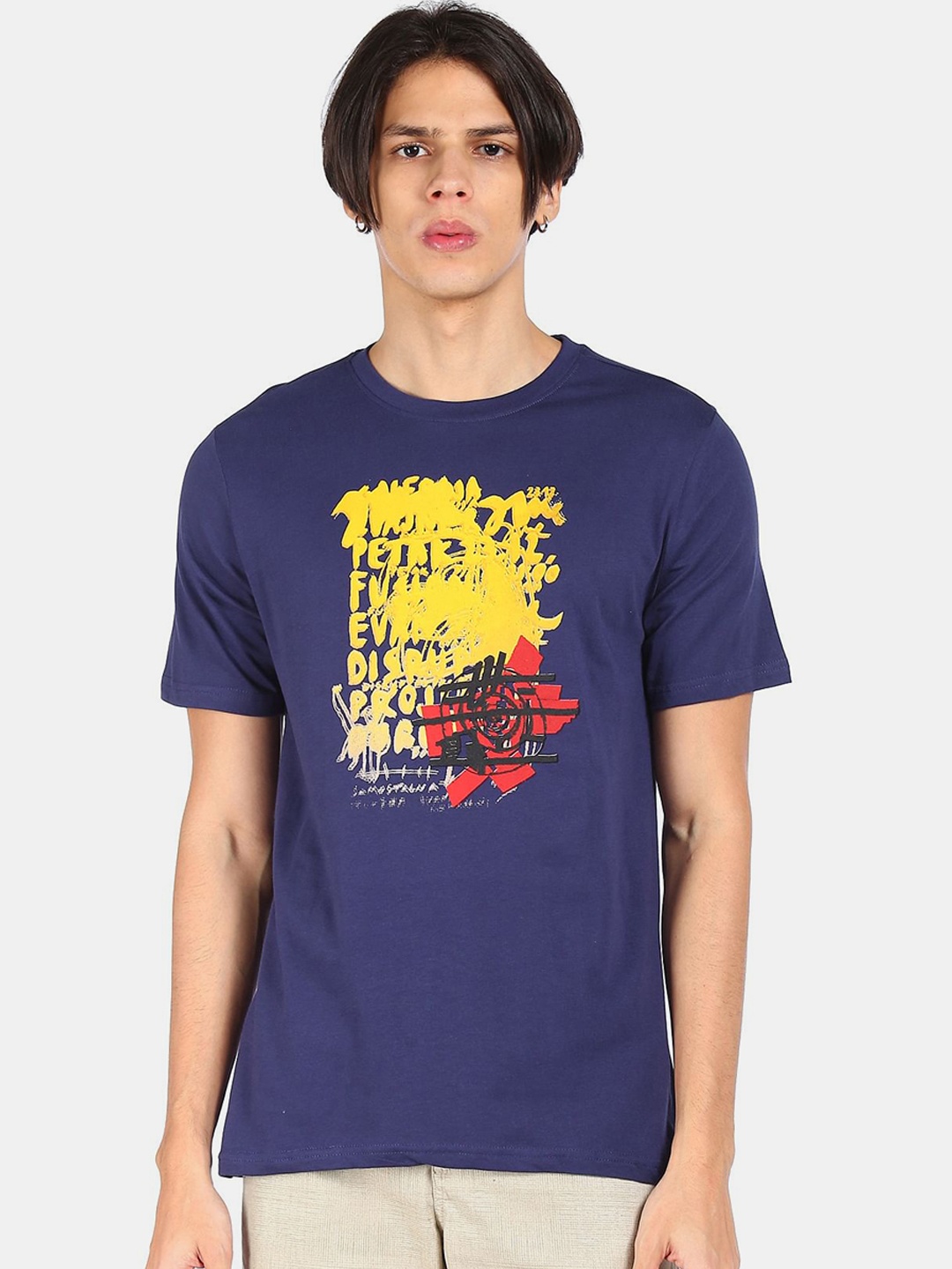 Colt Men Navy Blue & Yellow Printed Cotton T-shirt