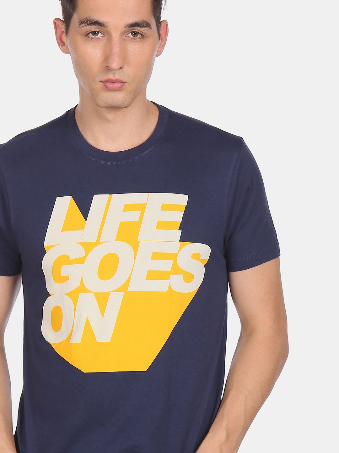 Flying Machine Men Navy Blue & Yellow Typography Printed Cotton T-shirt