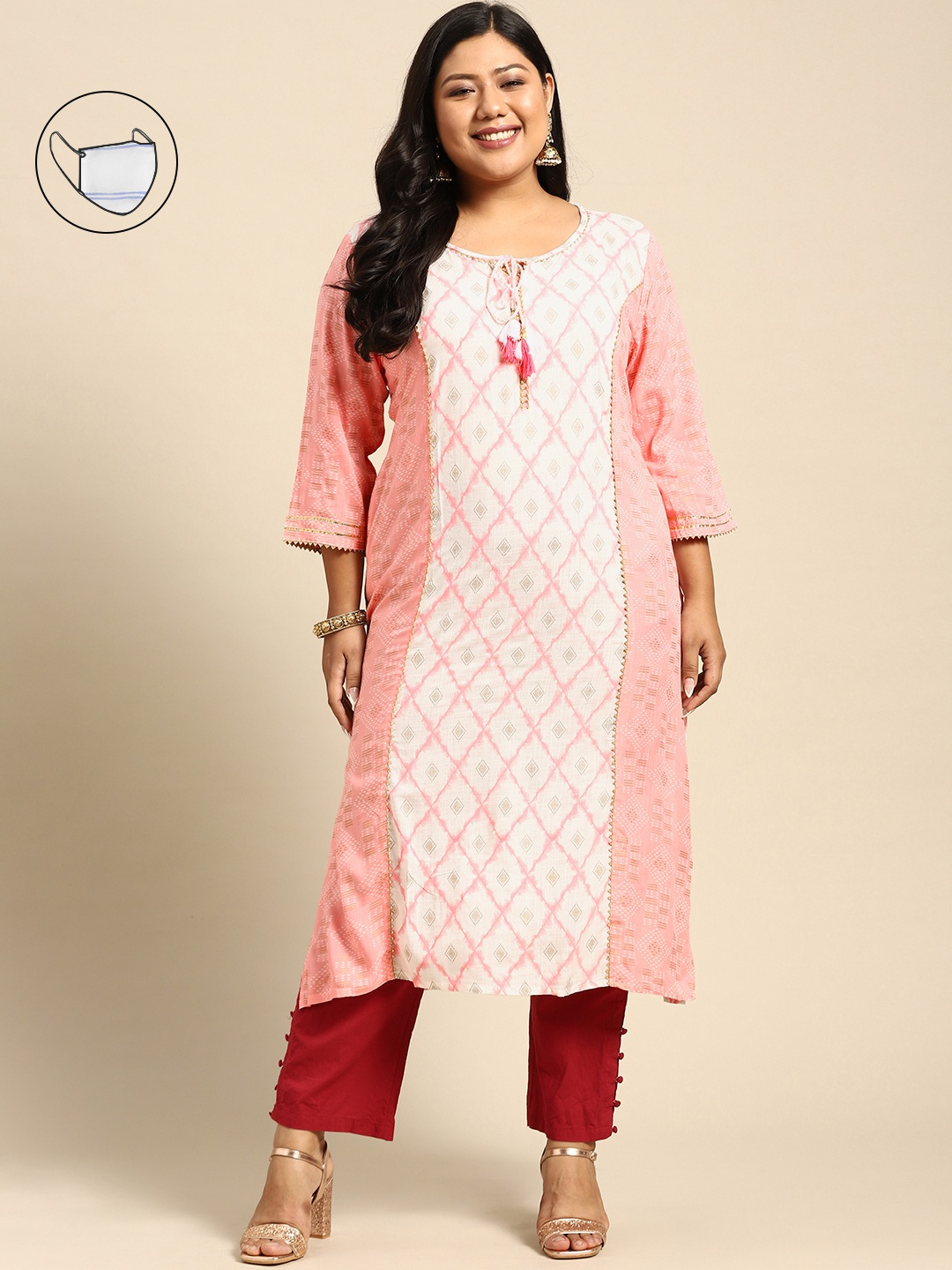 RANGMAYEE Women Pink & White Geometric Printed Gotta Patti Floral Liva Kurta with Mask
RANGMAYEE Women Pink & White Geometric Printed Gotta Patti Floral Liva Kurta with Mask