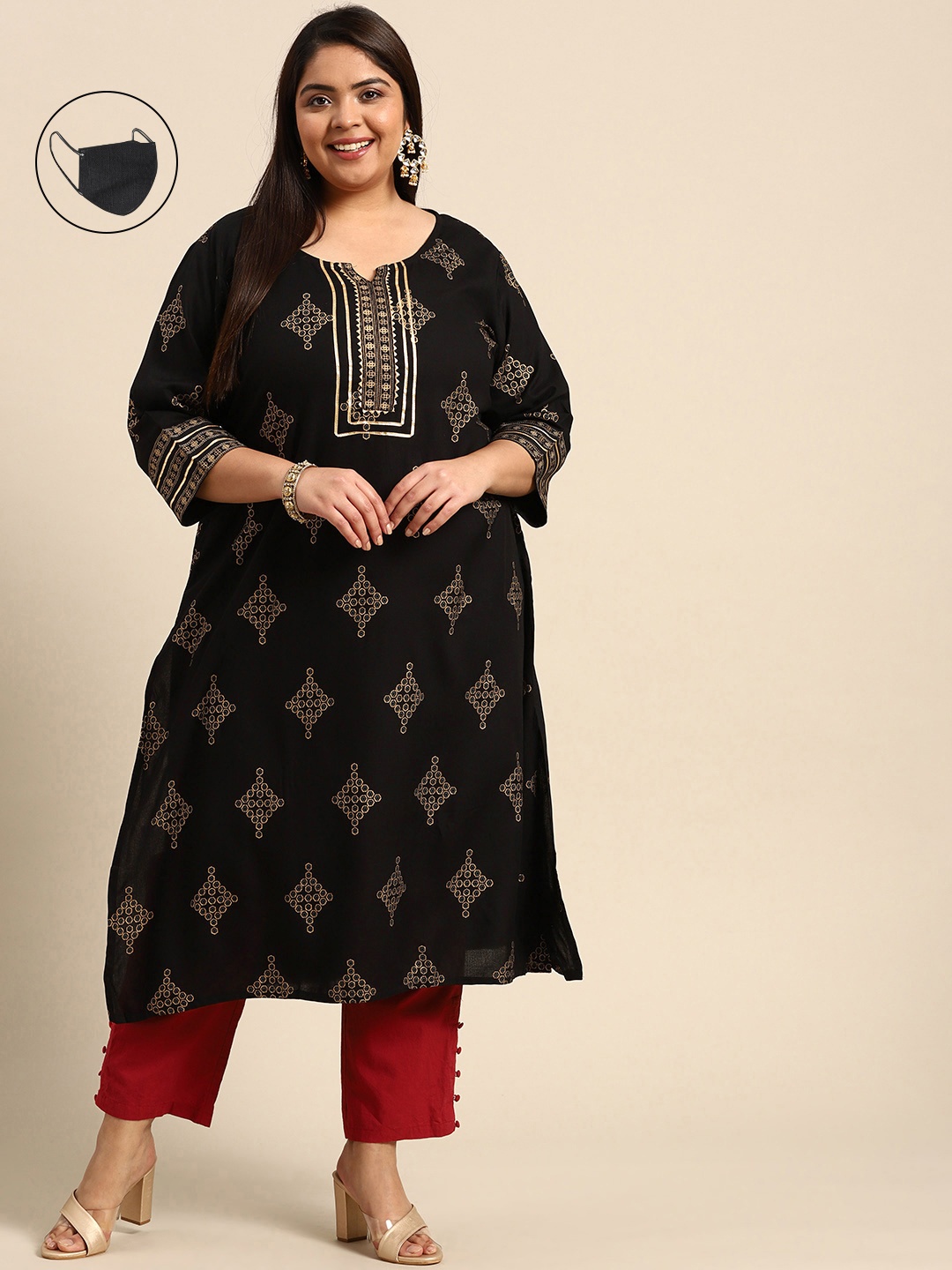 RANGMAYEE Women Black & Gold-Toned Ethnic Motifs Printed Gotta Patti Liva Kurta with Mask
RANGMAYEE Women Black & Gold-Toned Ethnic Motifs Printed Gotta Patti Liva Kurta with Mask
