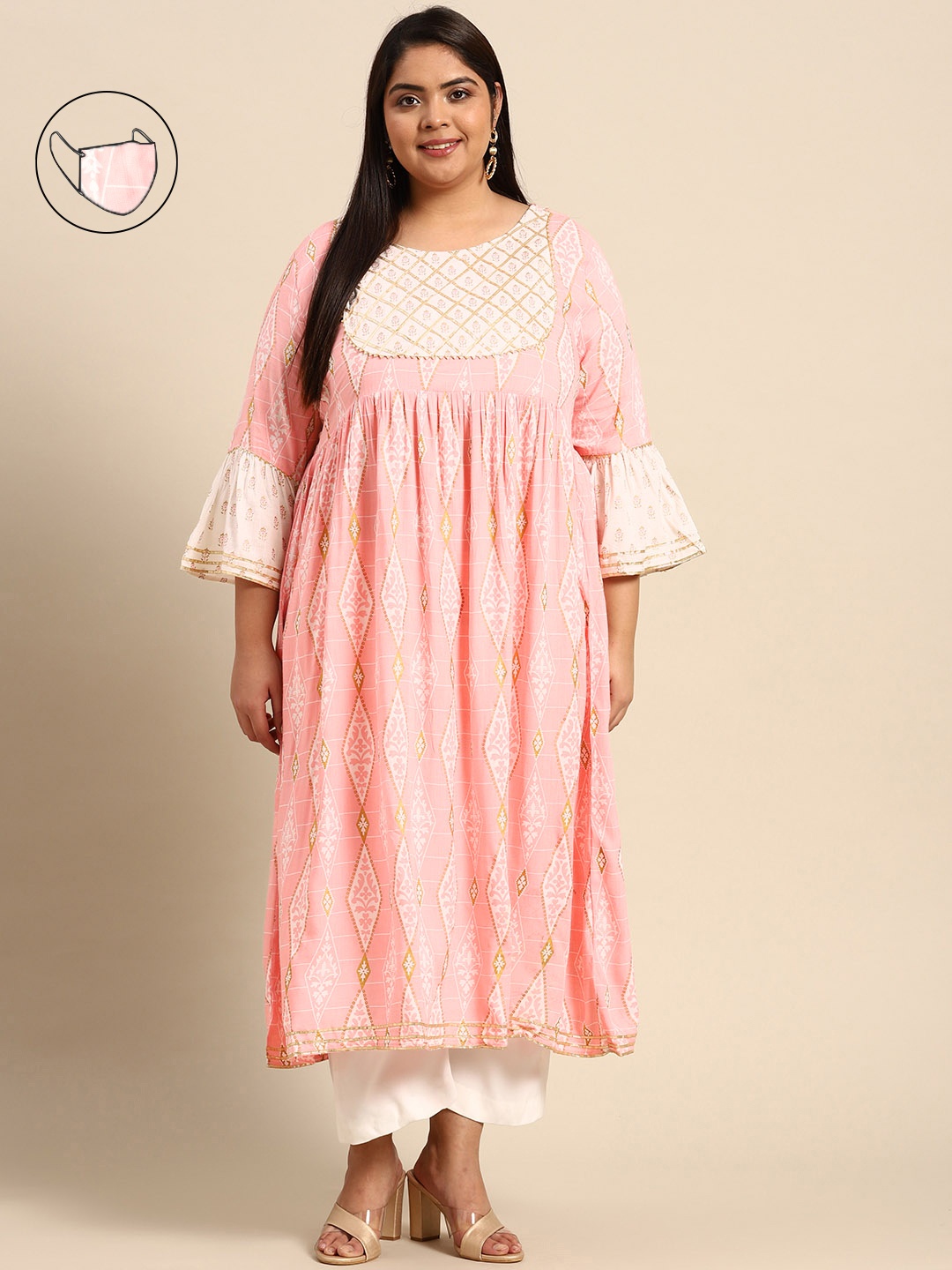 RANGMAYEE Women Pink & White Floral Printed Flared Sleeves Floral Liva Kurta with Mask
RANGMAYEE Women Pink & White Floral Printed Flared Sleeves Floral Liva Kurta with Mask