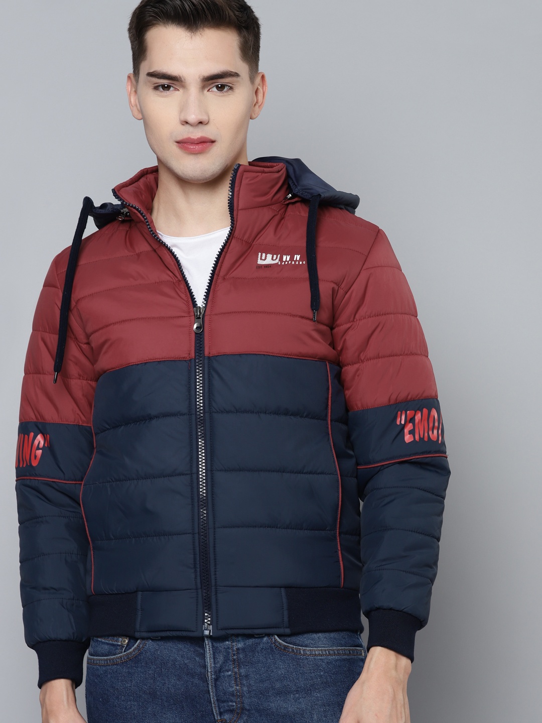 Foreign Culture By Fort Collins Men Navy Blue Maroon Colourblocked Hooded Padded Jacket
Foreign Culture By Fort Collins Men Navy Blue Maroon Colourblocked Hooded Padded Jacket