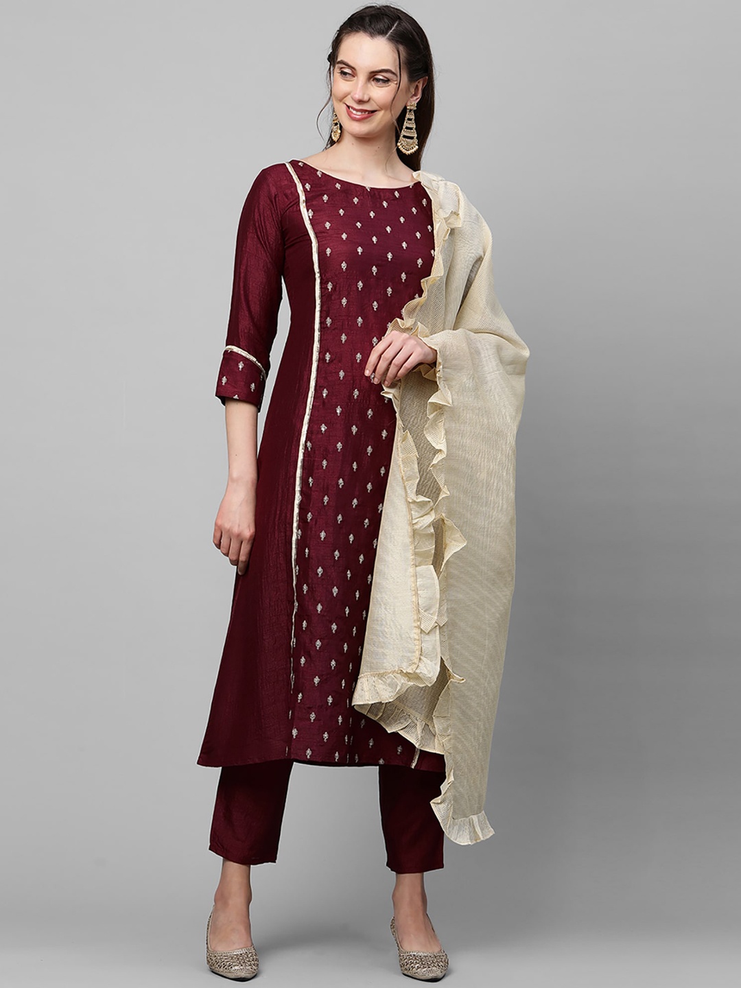 Indo Era Women Maroon Ethnic Motifs Embroidered Panelled Kurta with Trousers & With Dupatta
Indo Era Women Maroon Ethnic Motifs Embroidered Panelled Kurta with Trousers & With Dupatta