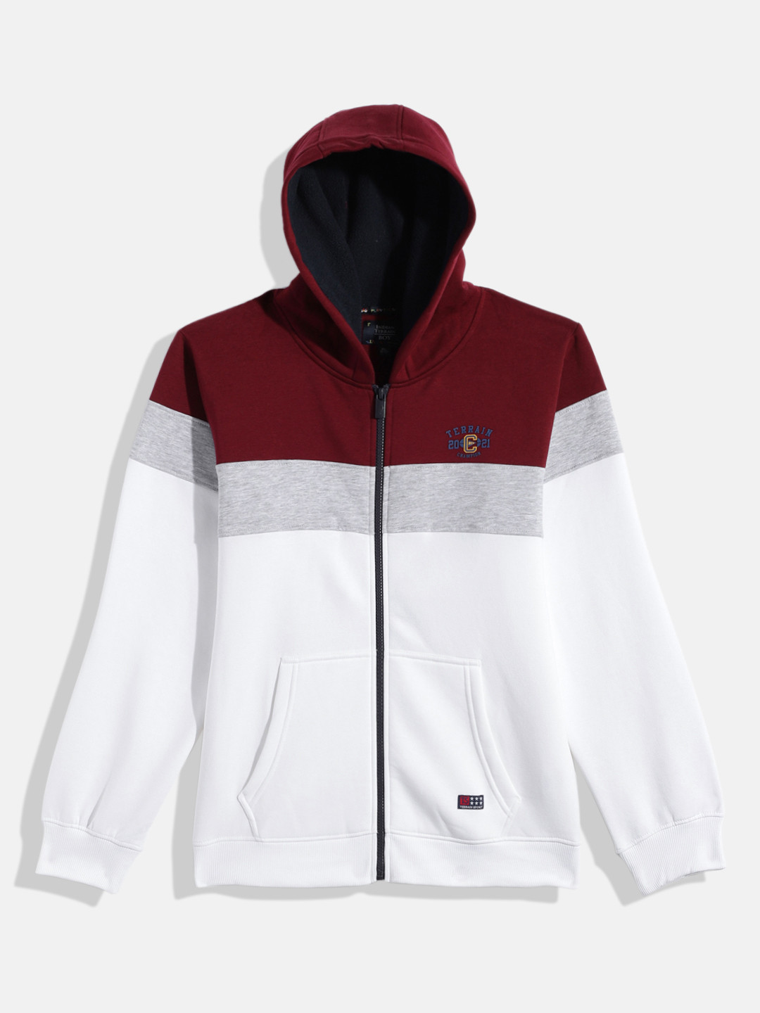 Indian Terrain Boys Maroon & White Colourblocked Hooded Sweatshirt
Indian Terrain Boys Maroon & White Colourblocked Hooded Sweatshirt