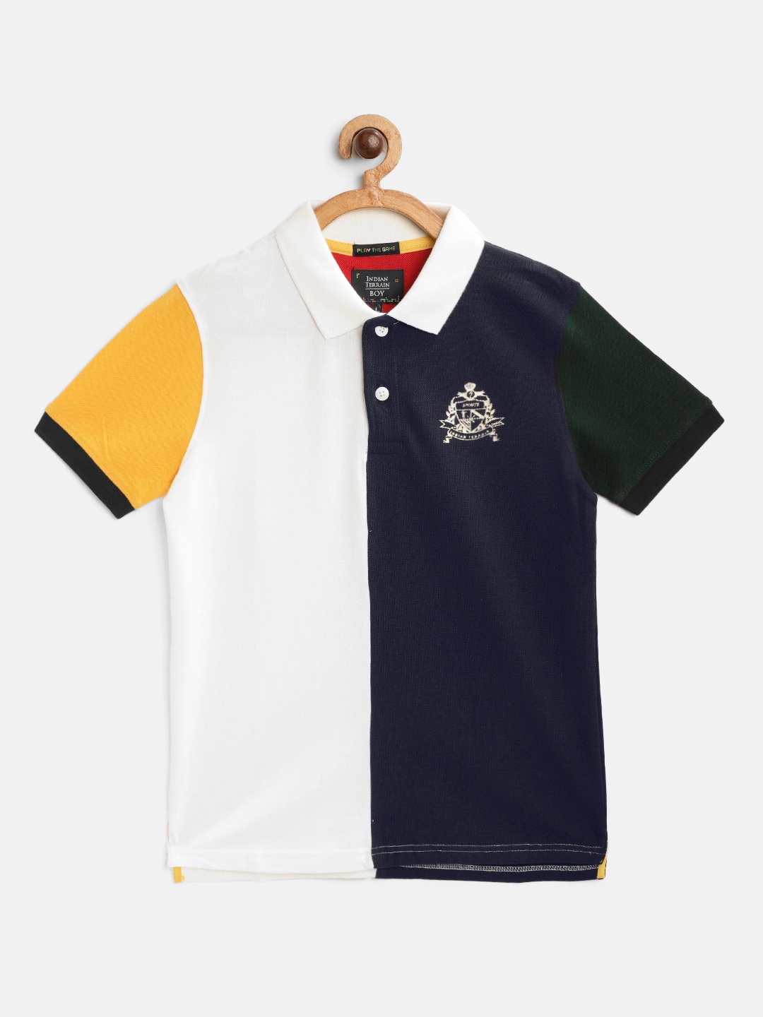 Indian Terrain Boys White Navy Blue Colourblocked Polo Collar Cotton Pure Cotton T-shirt
Indian Terrain Boys White Navy Blue Colourblocked Polo Collar Cotton Pure Cotton T-shirt