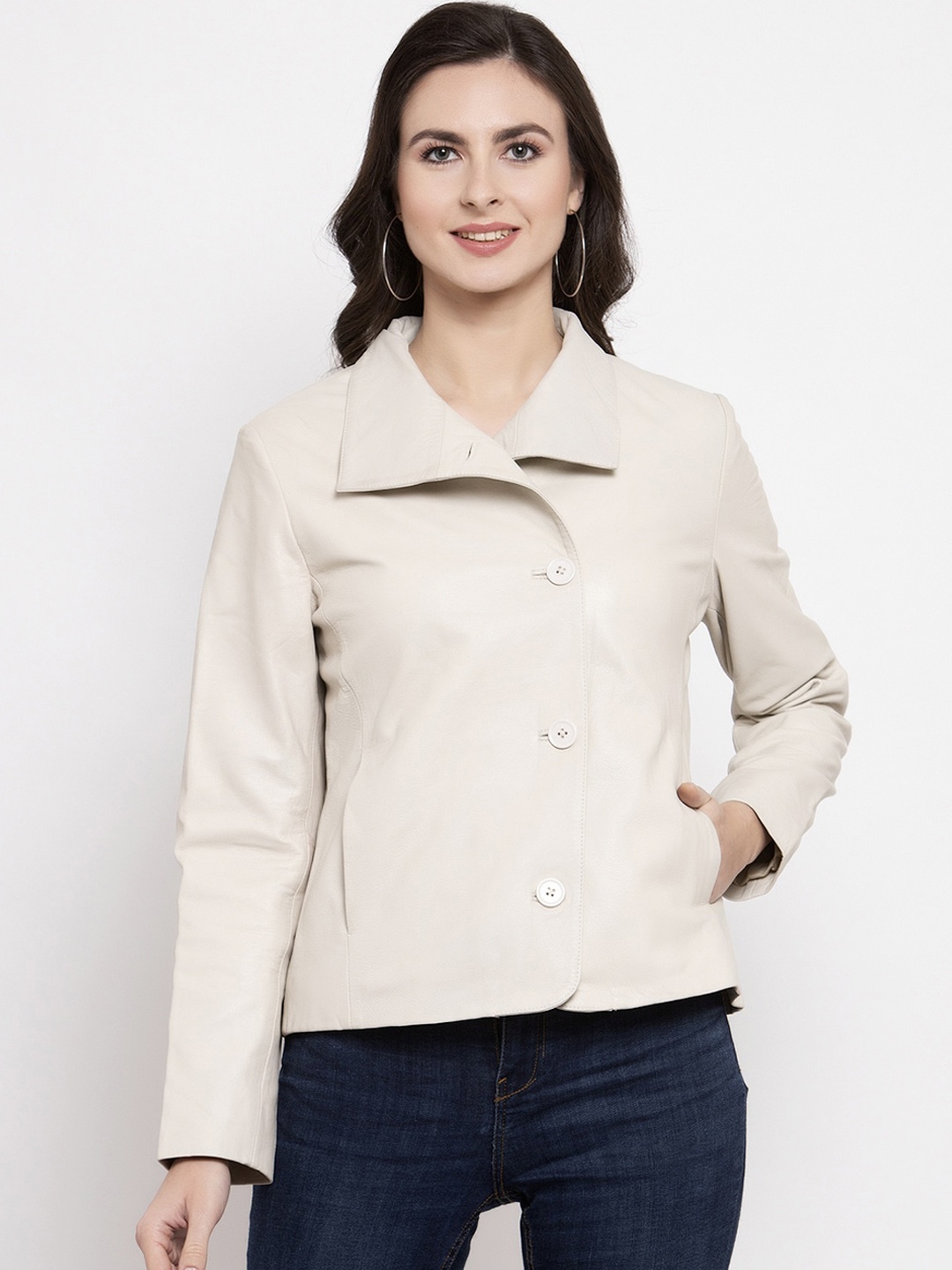 BEAVER Women Off White Insulator Leather Jacket