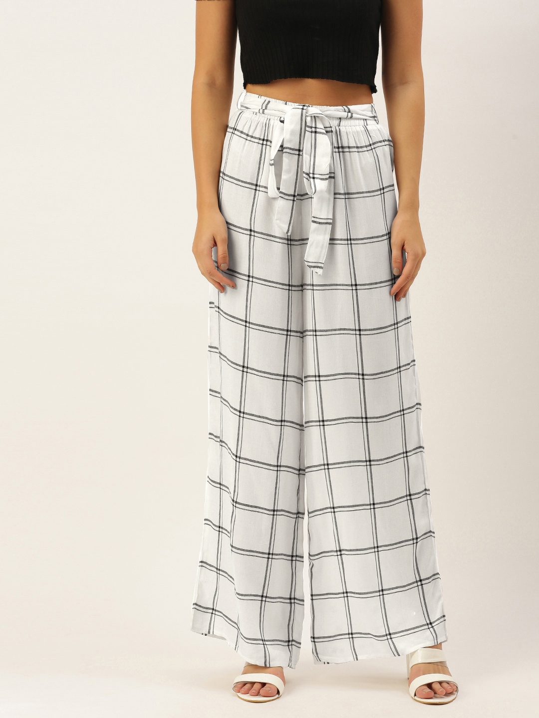 Berrylush Women White Checked Relaxed High-Rise Trousers