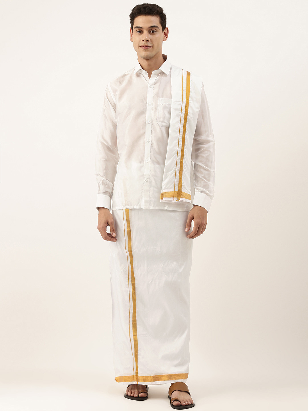 MANAMAGAN Men White Shirt with Dhoti & Towel 3-in-1 Wedding Set
MANAMAGAN Men White Shirt with Dhoti & Towel 3-in-1 Wedding Set