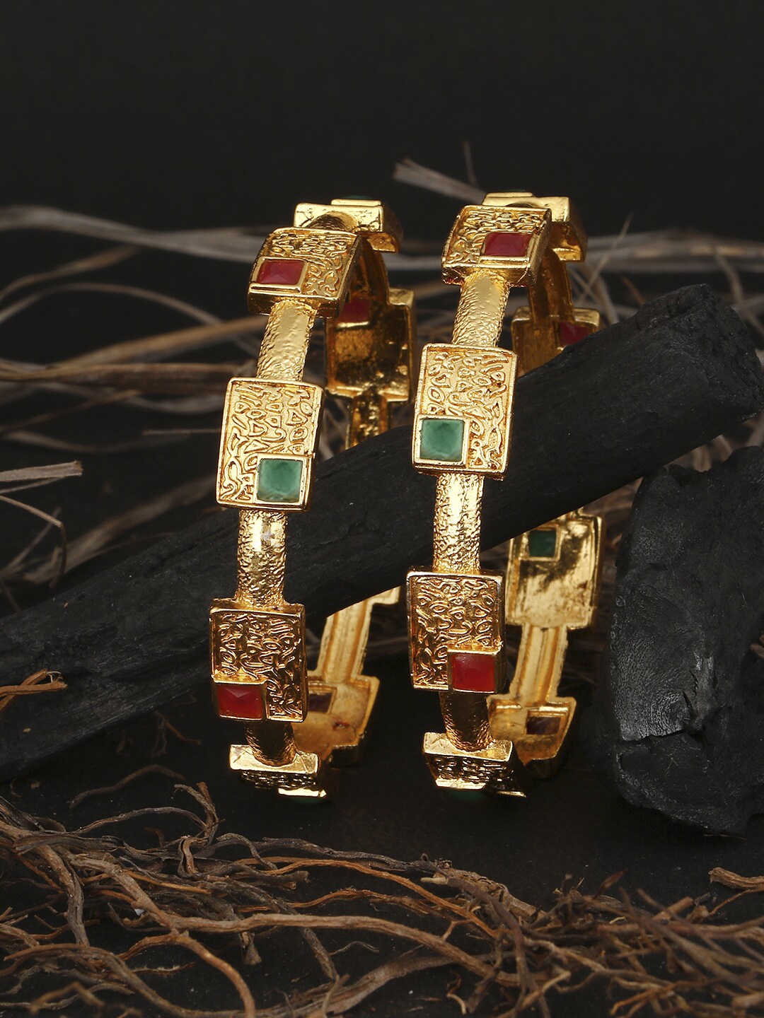 Adwitiya Collection Set Of 2 24k Gold-Plated Red & Green Stone-Studded Handcrafted Bangles
Adwitiya Collection Set Of 2 24k Gold-Plated Red & Green Stone-Studded Handcrafted Bangles