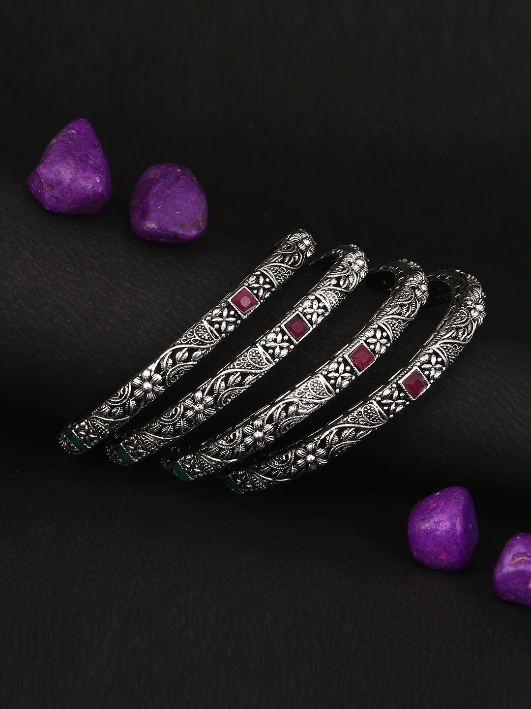 Adwitiya Collection Set Of 4 Oxidised 24 CT Silver-Plated Red Stone Handcrafted Bangles
Adwitiya Collection Set Of 4 Oxidised 24 CT Silver-Plated Red Stone Handcrafted Bangles