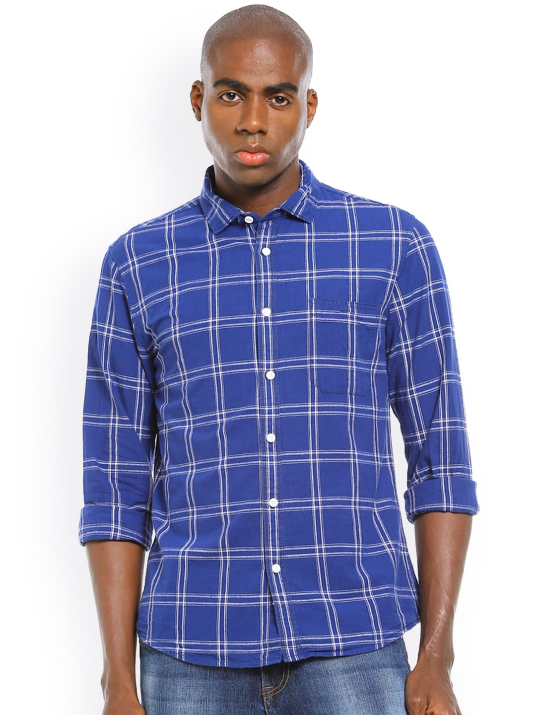 Cherokee Men Blue & White Checked Spread Collar Cotton Casual Shirt