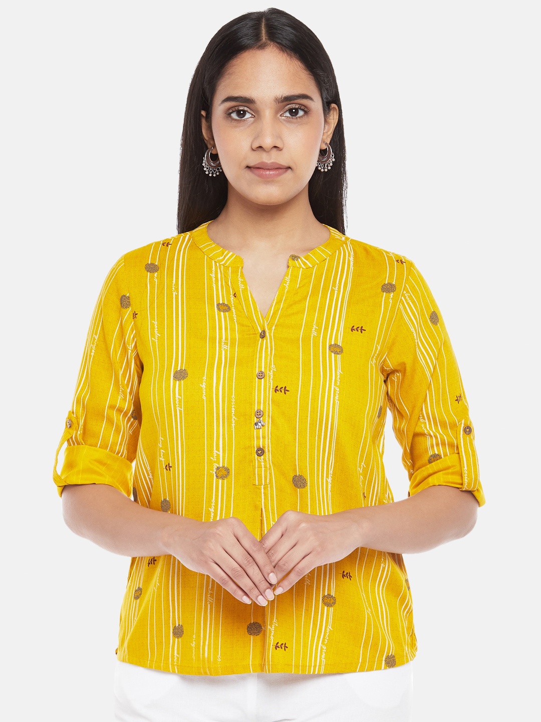 AKKRITI BY PANTALOONS Mustard Yellow & White Striped Mandarin Collar Roll-Up Sleeves Shirt Style Top
AKKRITI BY PANTALOONS Mustard Yellow & White Striped Mandarin Collar Roll-Up Sleeves Shirt Style Top