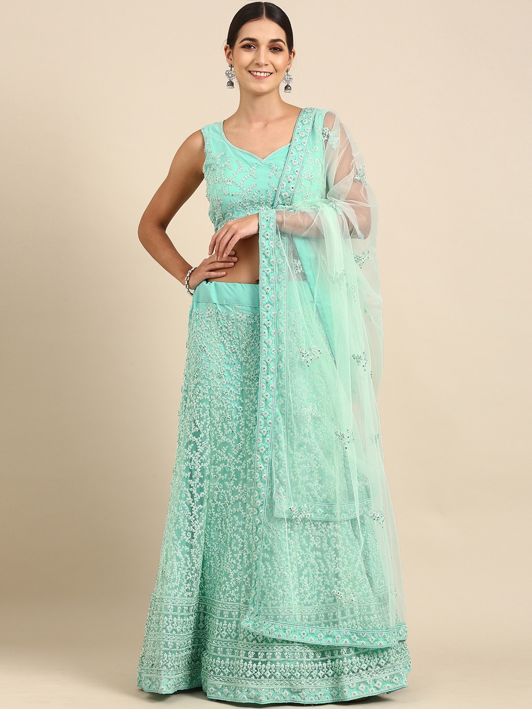 Shaily Sea Green Embroidered Mirror Work Semi-Stitched Lehenga & Unstitched Blouse With Dupatta
Shaily Sea Green Embroidered Mirror Work Semi-Stitched Lehenga & Unstitched Blouse With Dupatta